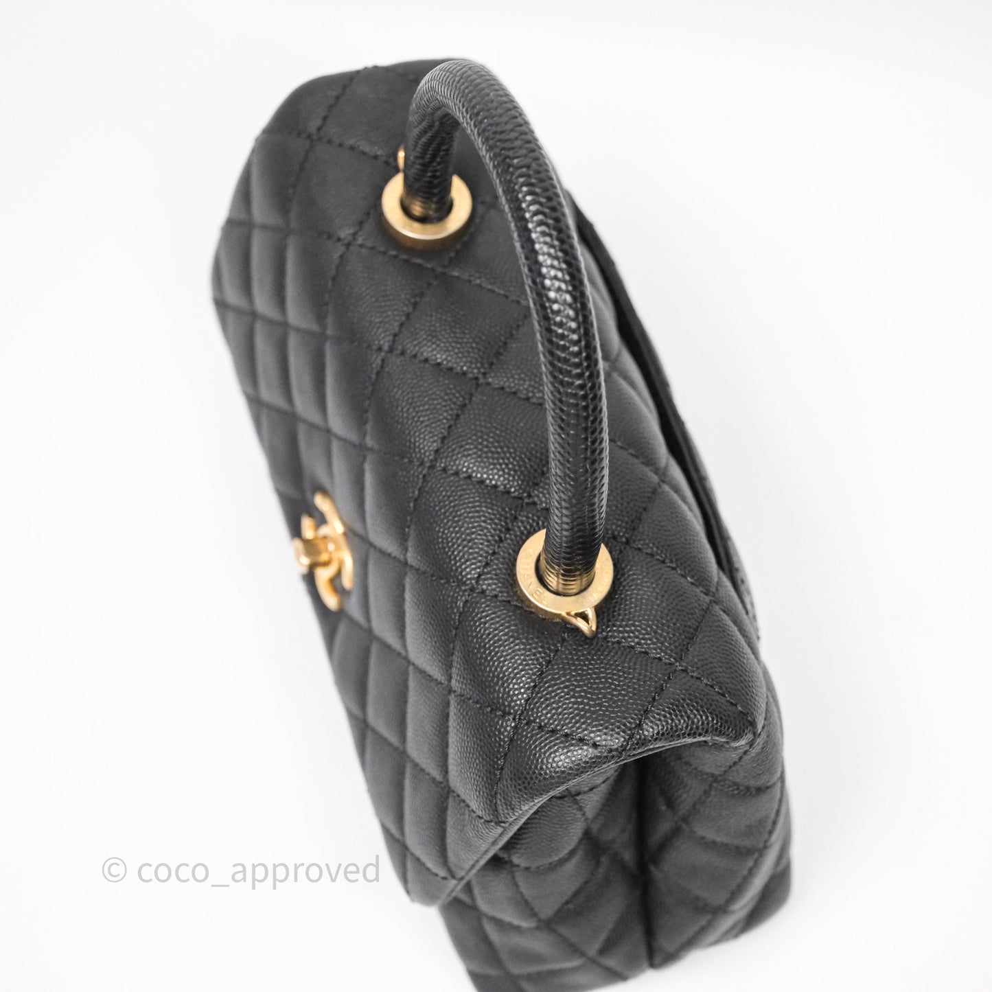 Chanel Small Coco Handle Quilted Black Caviar Aged Gold Hardware Lizard Handle