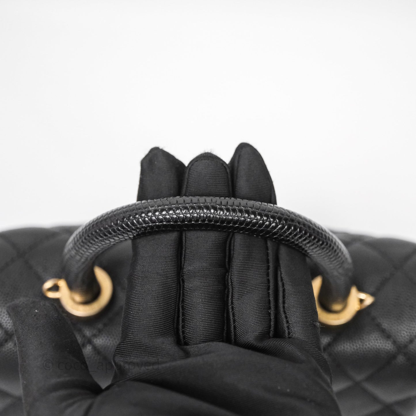 Chanel Small Coco Handle Quilted Black Caviar Aged Gold Hardware Lizard Handle