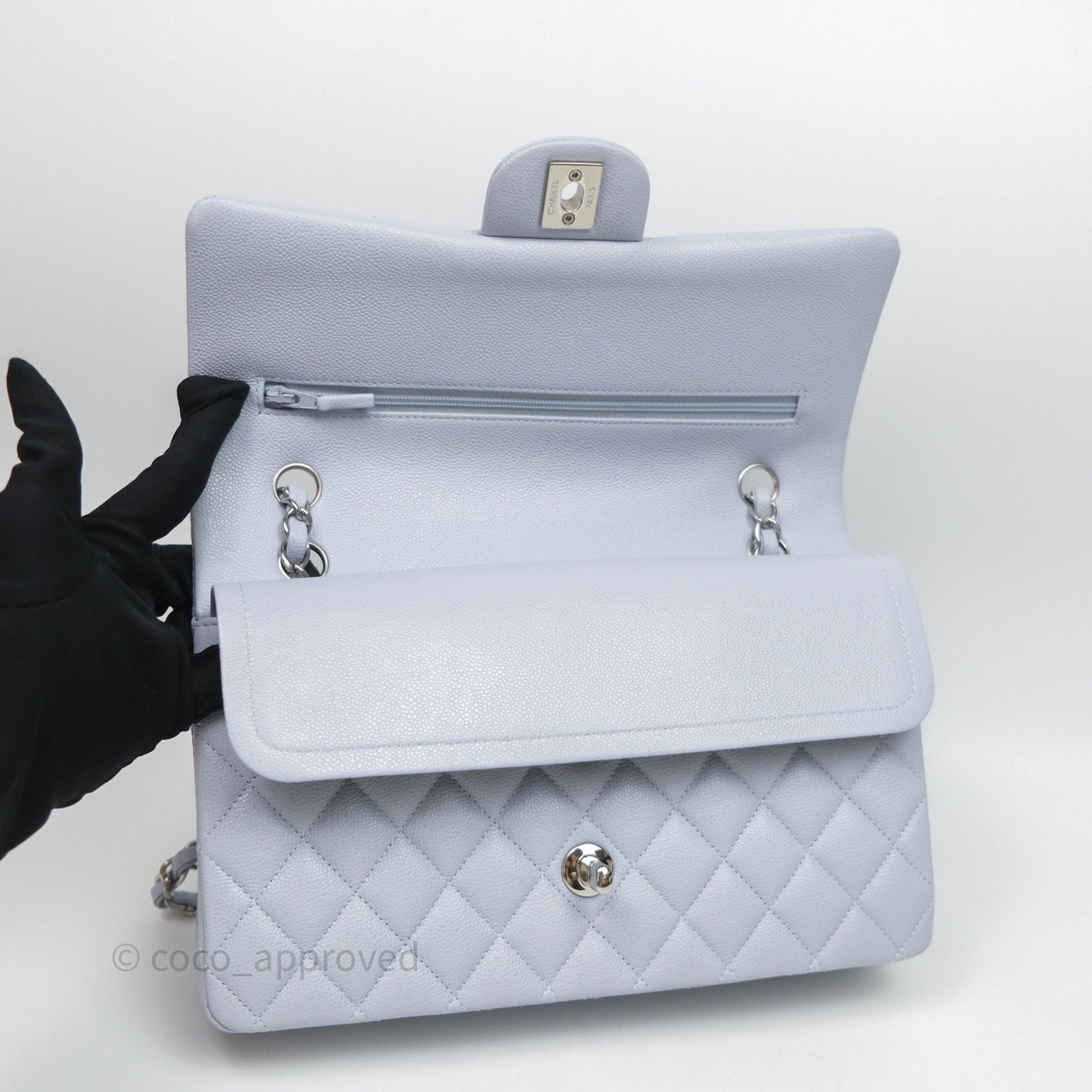 Chanel Classic M/L Medium Flap Light Blue Caviar Silver Hardware