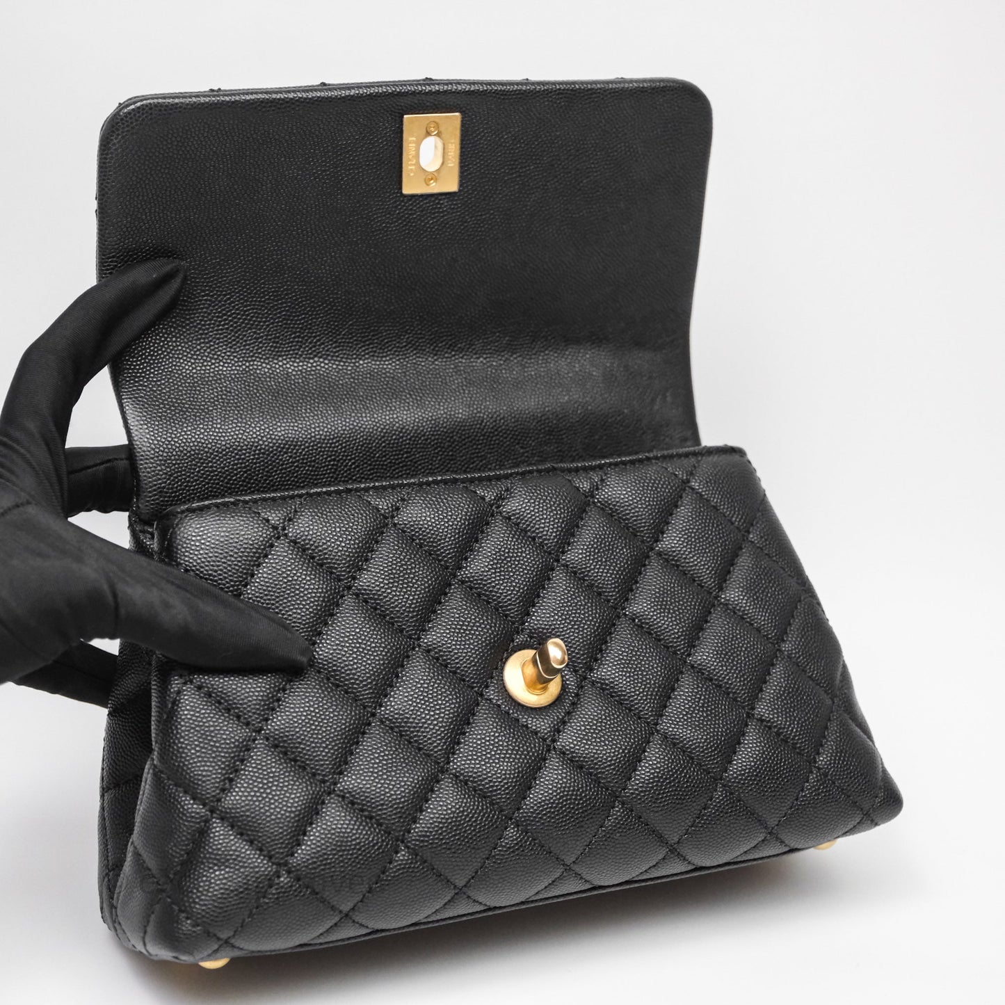 Chanel Small Coco Handle Quilted Black Caviar Aged Gold Hardware Lizard Handle