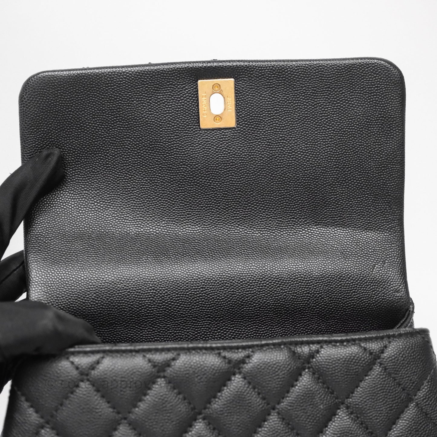 Chanel Small Coco Handle Quilted Black Caviar Aged Gold Hardware Lizard Handle