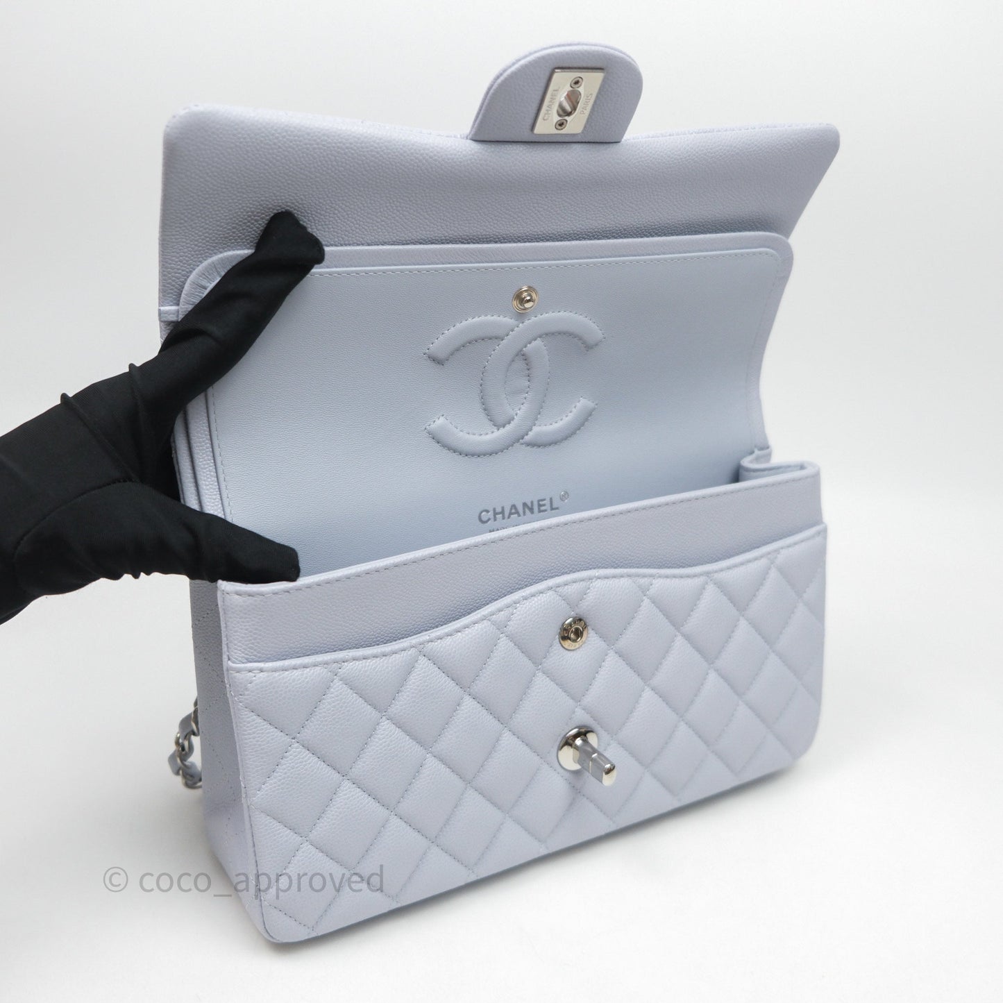 Chanel Classic M/L Medium Flap Light Blue Caviar Silver Hardware