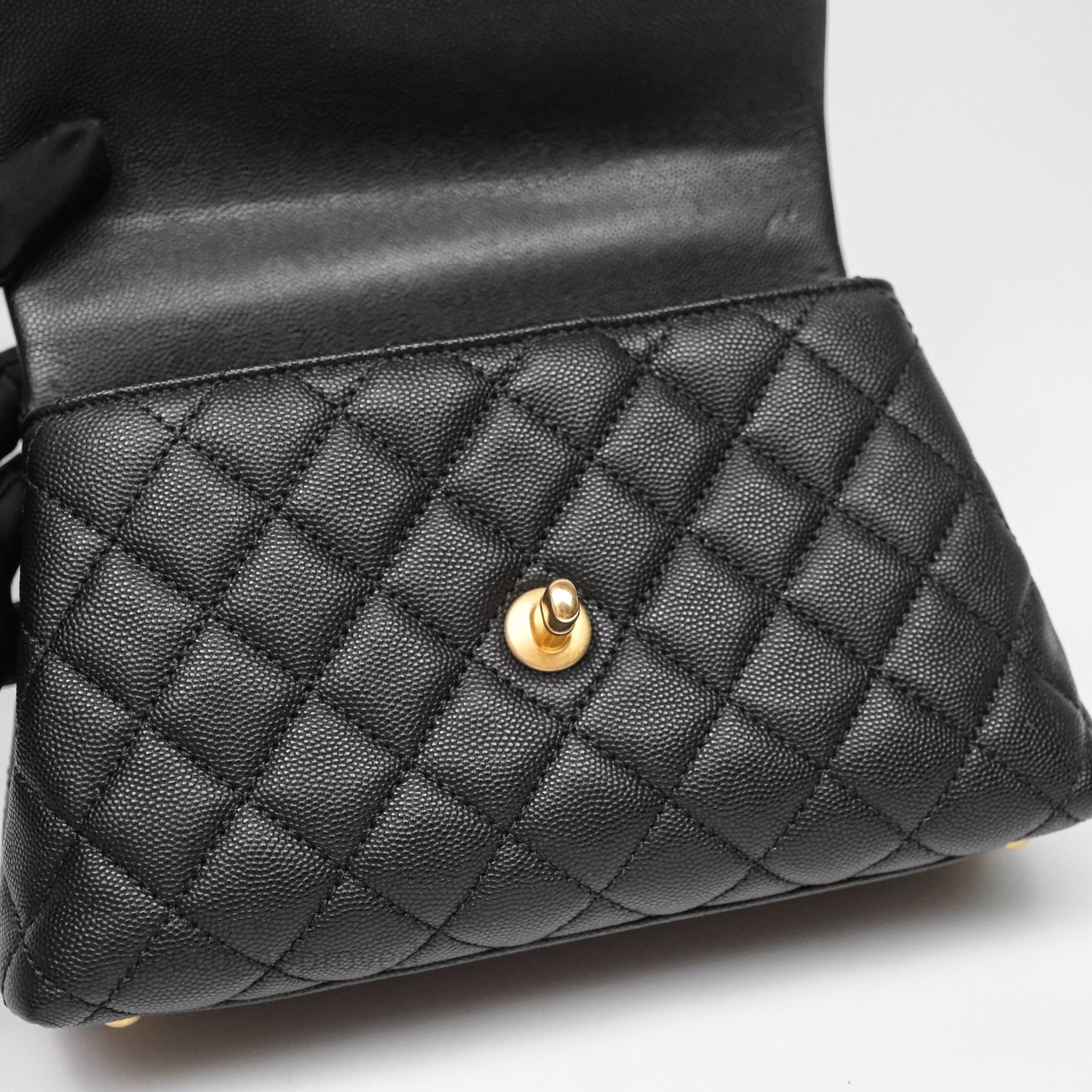Chanel Small Coco Handle Quilted Black Caviar Aged Gold Hardware Lizard Handle