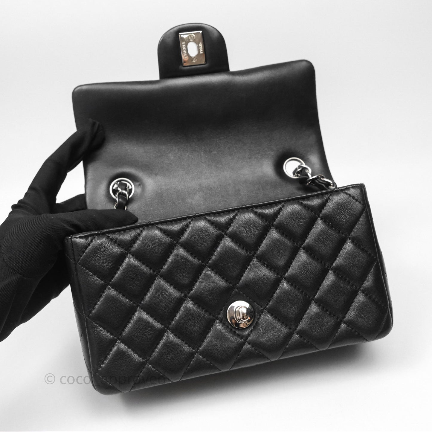 Chanel Quilted Mini Rectangular Flap Black Lambskin Silver Hardware