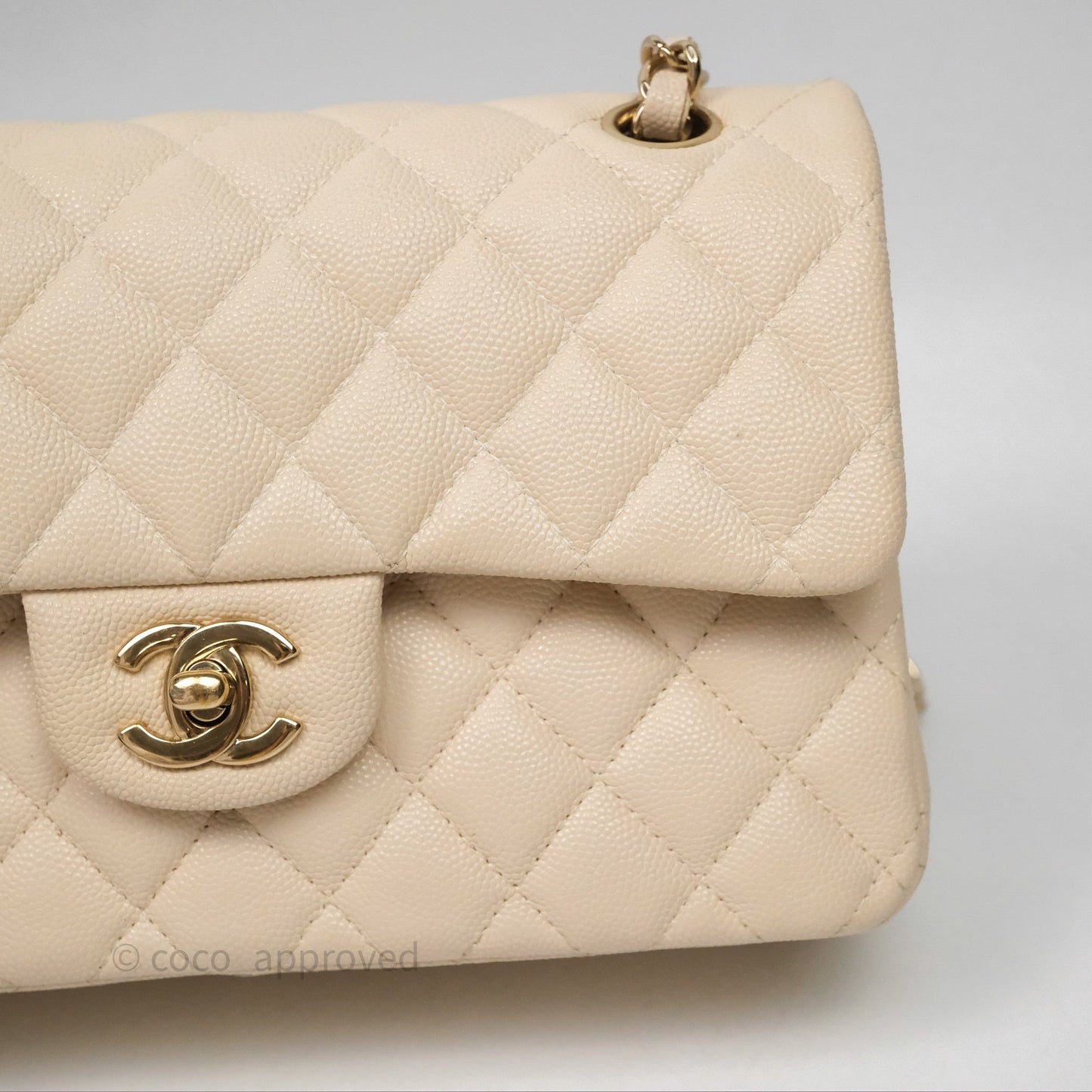 Chanel Small Classic Flap Quilted Light Ivory Beige Caviar Gold Hardware