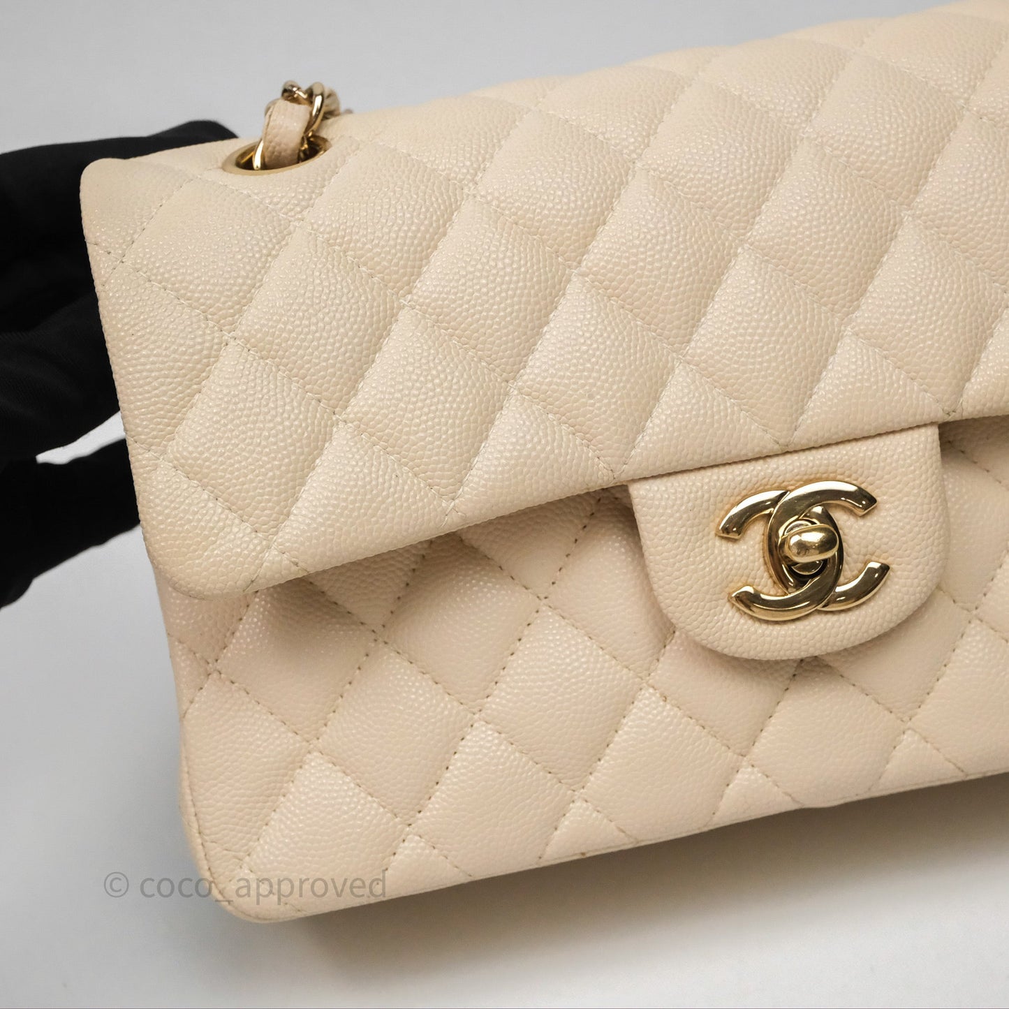Chanel Small Classic Flap Quilted Light Ivory Beige Caviar Gold Hardware