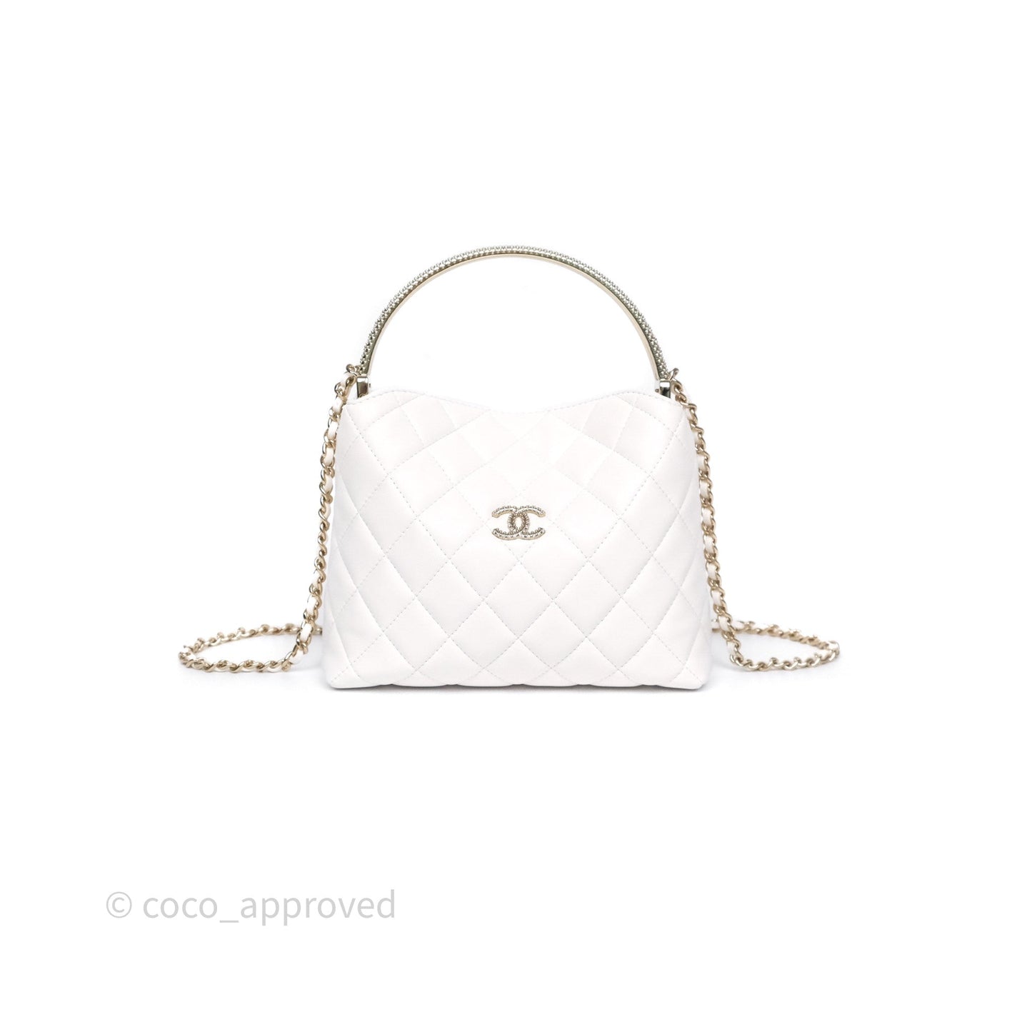 Chanel Crystal Top Handle Hobo Bag with Chain Quilted White Lambskin Gold Hardware 25B
