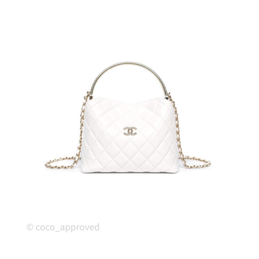 Chanel Crystal Top Handle Hobo Bag with Chain Quilted White Lambskin Gold Hardware 25B
