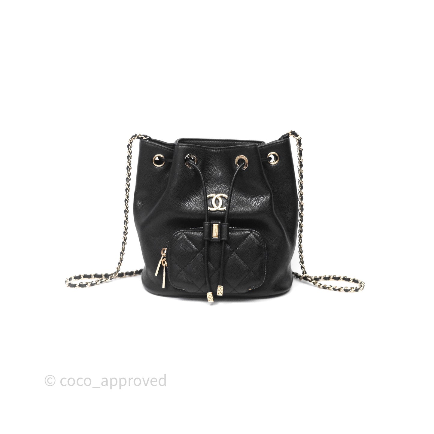 Chanel Caviar Quilted CC Pocket Bucket Bag Black Gold Hardware