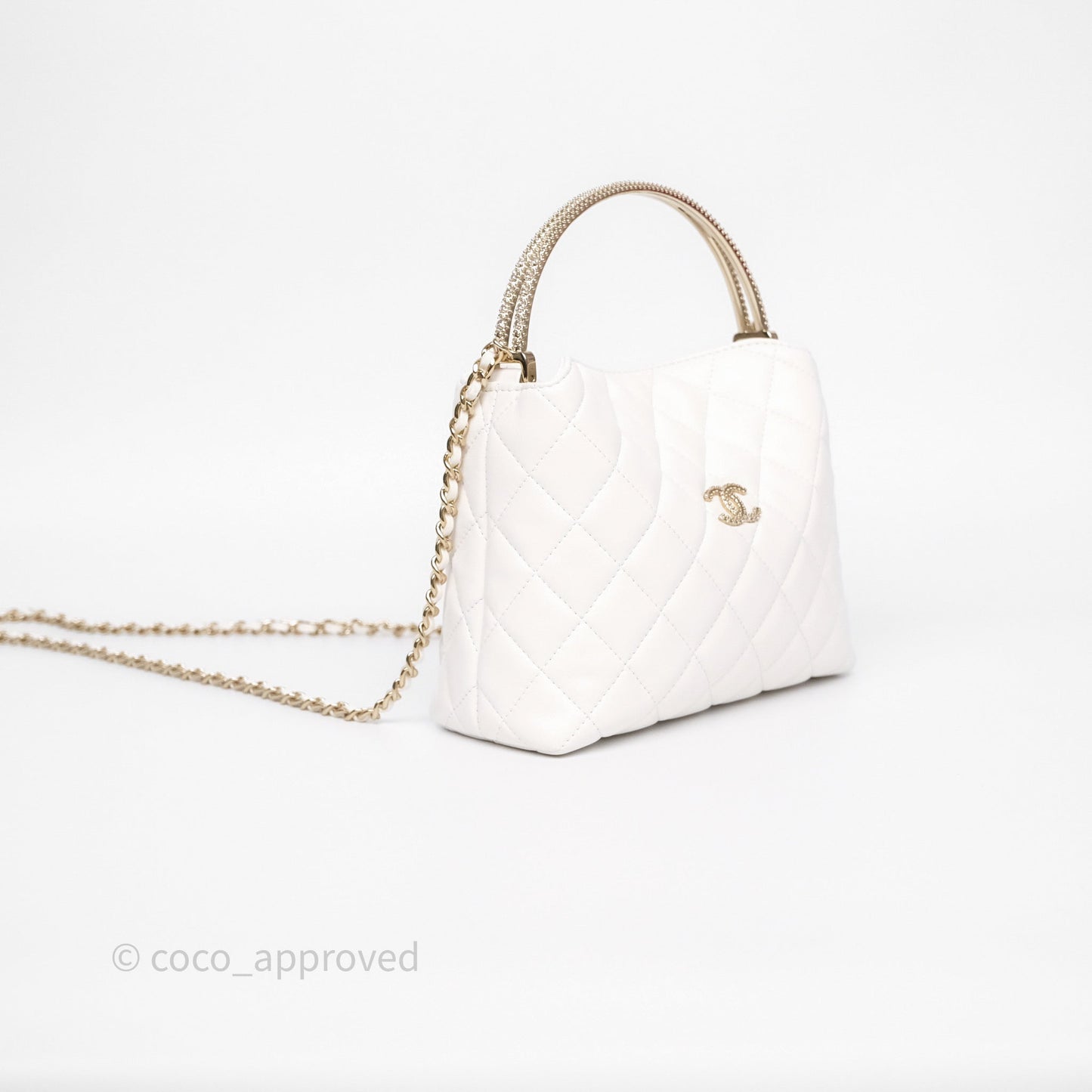 Chanel Crystal Top Handle Hobo Bag with Chain Quilted White Lambskin Gold Hardware 25B