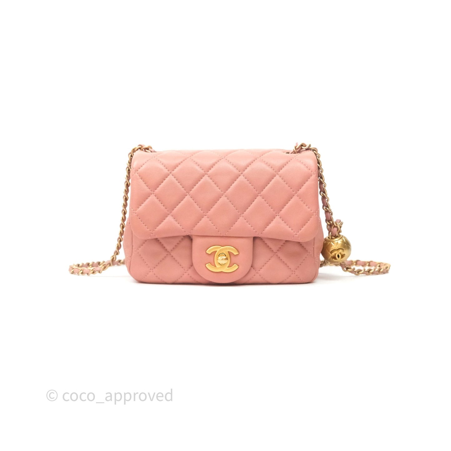 Chanel Pearl Crush Mini Square Quilted Pink Lambskin Aged Gold Hardware