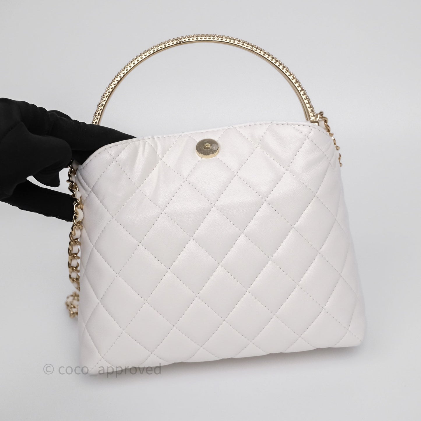 Chanel Crystal Top Handle Hobo Bag with Chain Quilted White Lambskin Gold Hardware 25B