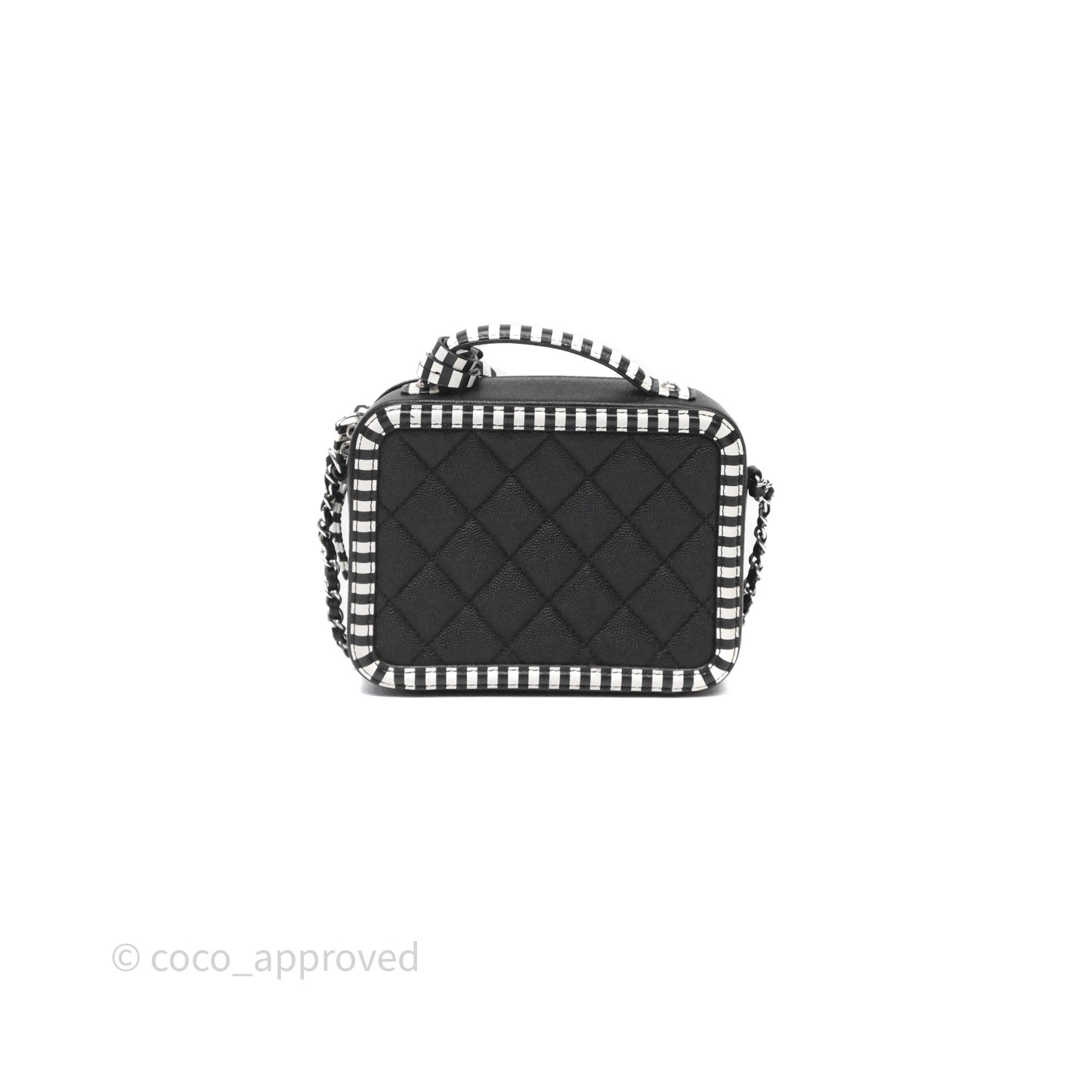 Chanel Quilted Small CC Filigree Vanity Case Black/ White Stripe Caviar Silver Hardware