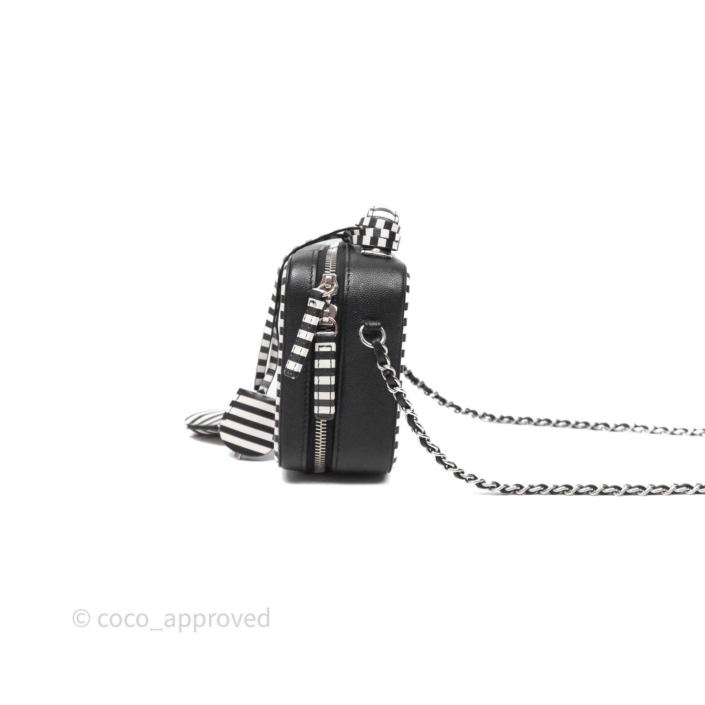 Chanel Quilted Small CC Filigree Vanity Case Black/ White Stripe Caviar Silver Hardware