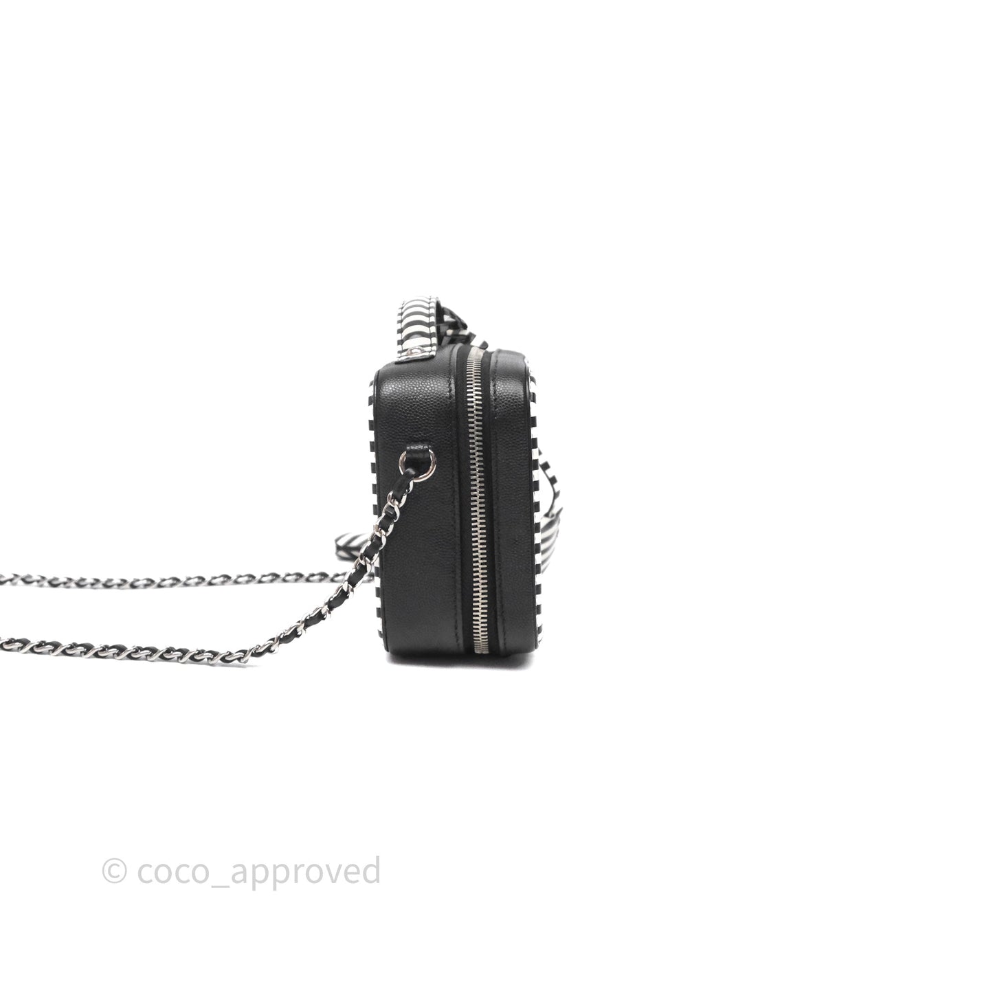 Chanel Quilted Small CC Filigree Vanity Case Black/ White Stripe Caviar Silver Hardware