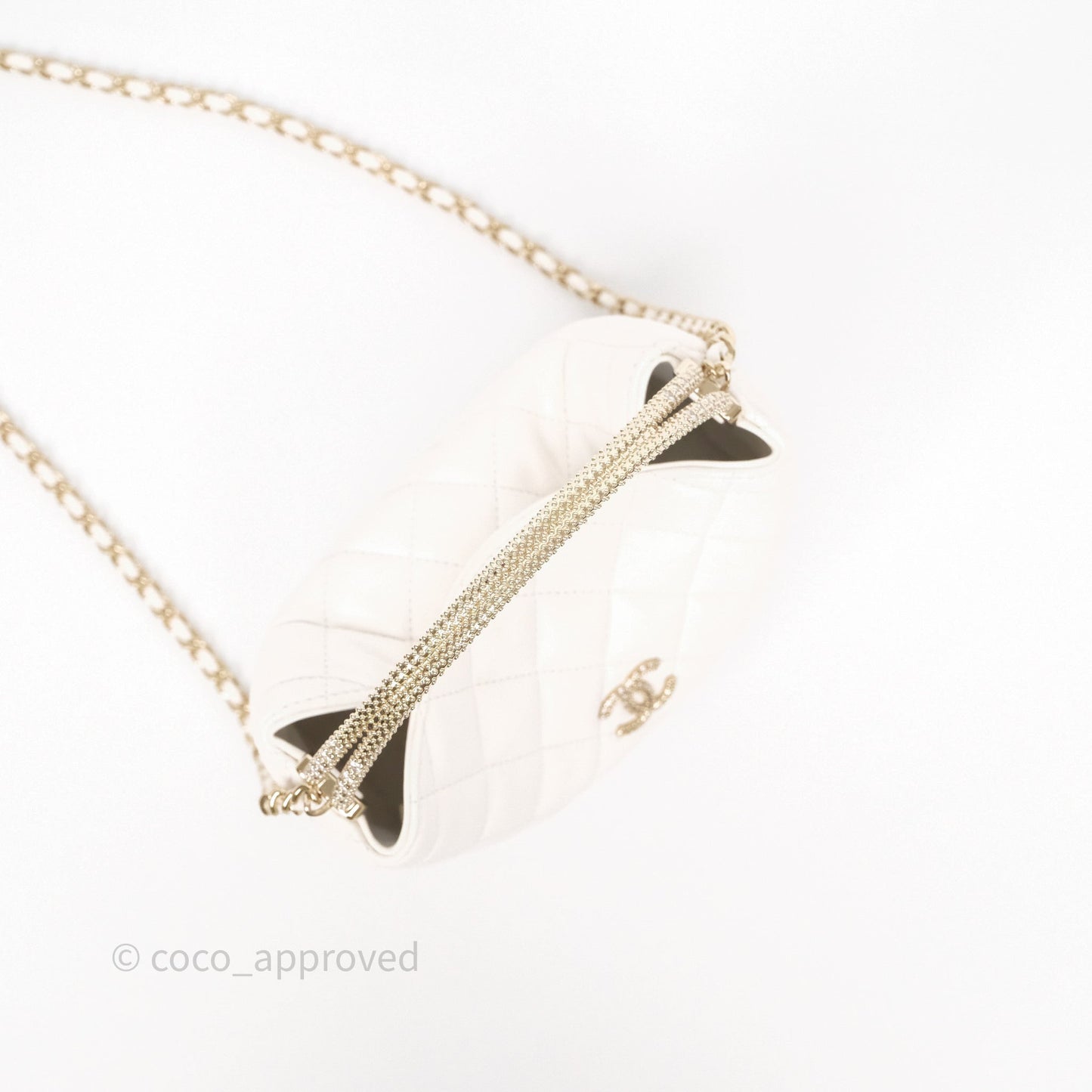 Chanel Crystal Top Handle Hobo Bag with Chain Quilted White Lambskin Gold Hardware 25B