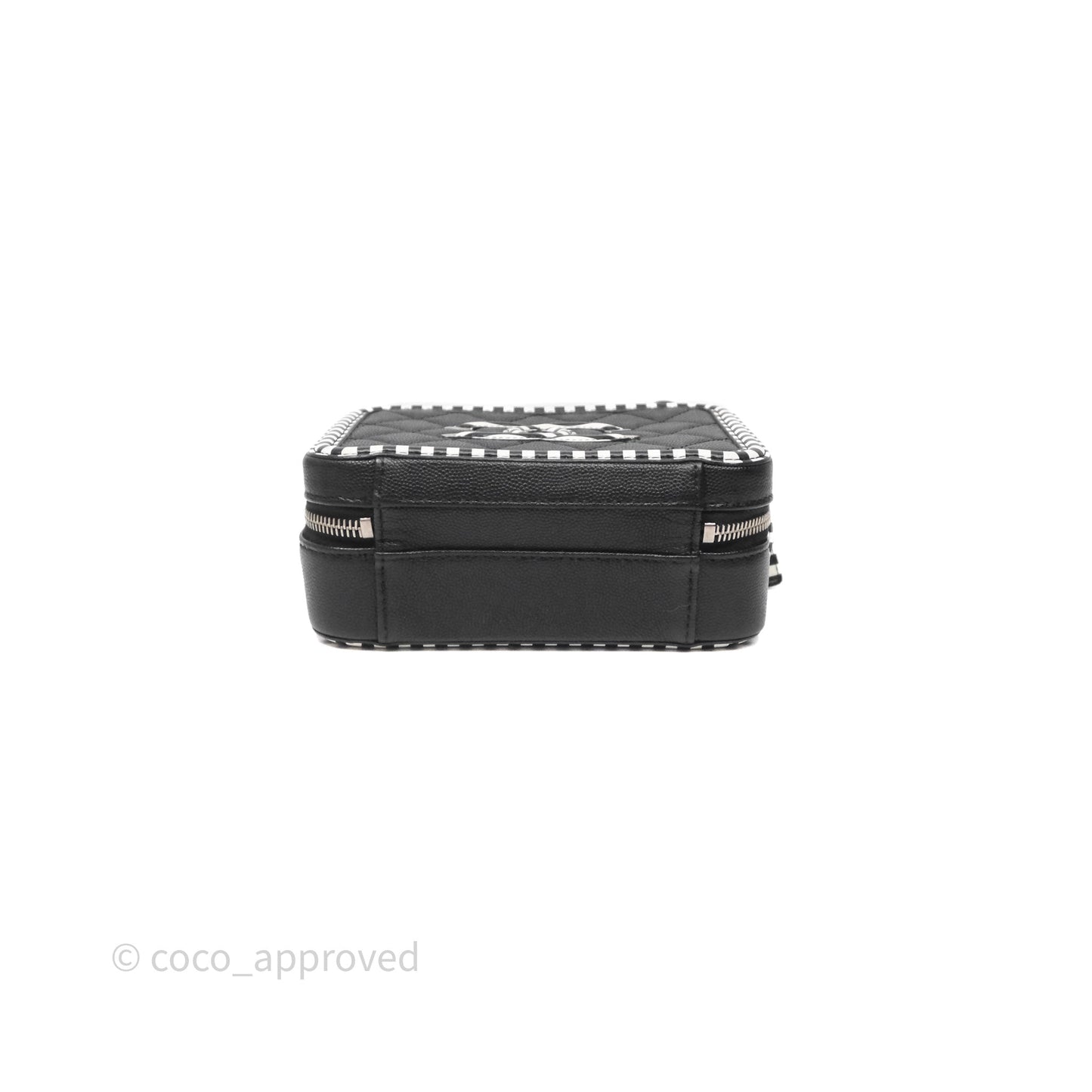 Chanel Quilted Small CC Filigree Vanity Case Black/ White Stripe Caviar Silver Hardware