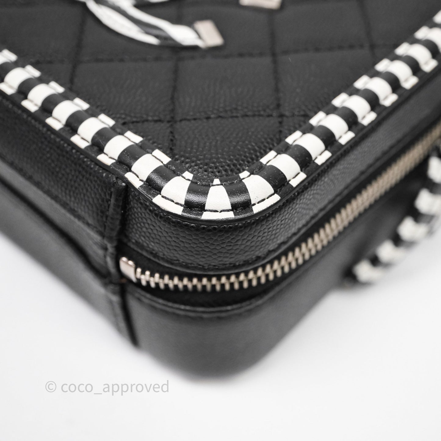 Chanel Quilted Small CC Filigree Vanity Case Black/ White Stripe Caviar Silver Hardware