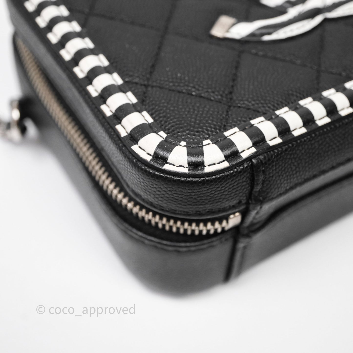 Chanel Quilted Small CC Filigree Vanity Case Black/ White Stripe Caviar Silver Hardware