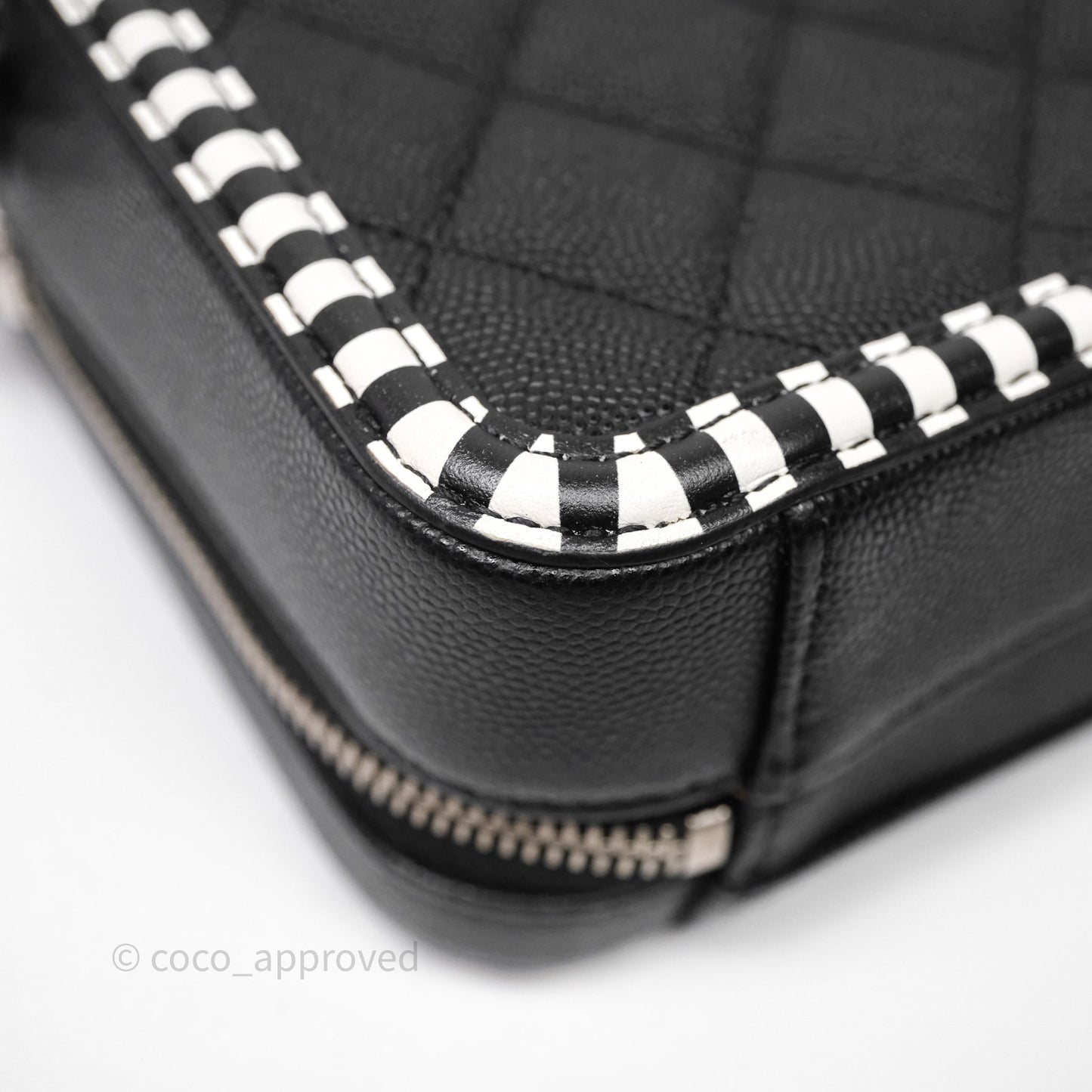 Chanel Quilted Small CC Filigree Vanity Case Black/ White Stripe Caviar Silver Hardware