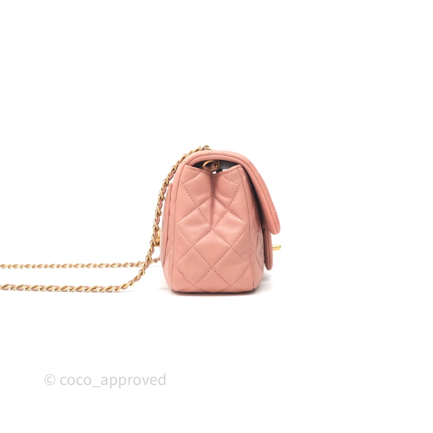 Chanel Pearl Crush Mini Square Quilted Pink Lambskin Aged Gold Hardware