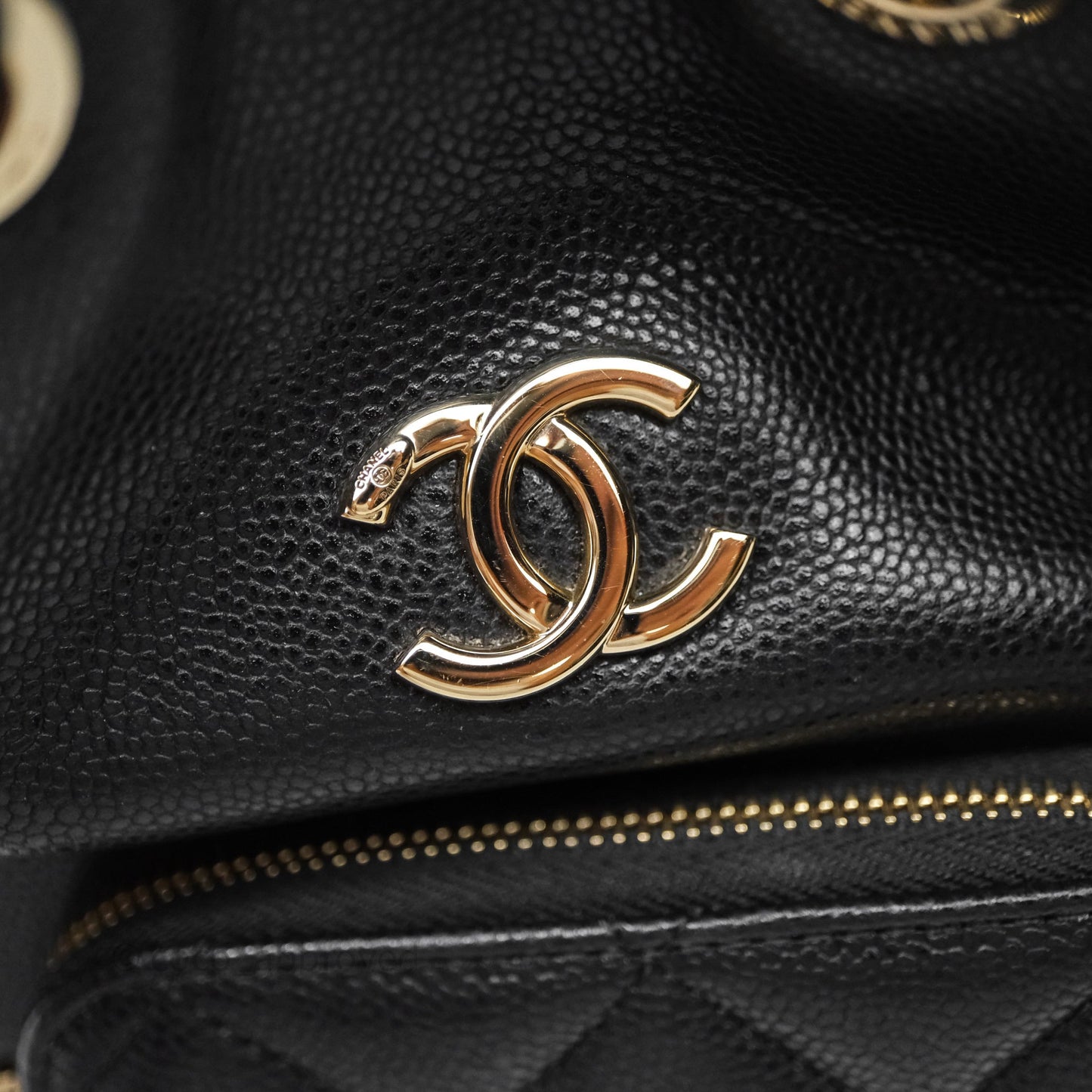Chanel Caviar Quilted CC Pocket Bucket Bag Black Gold Hardware