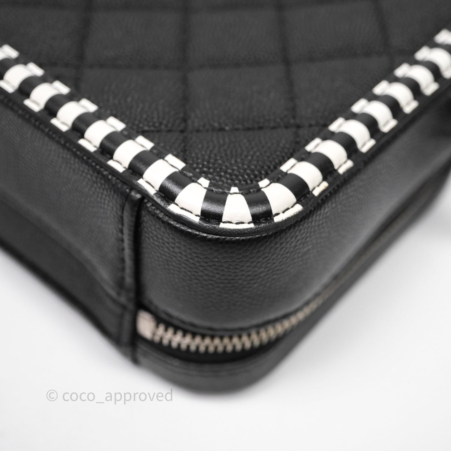 Chanel Quilted Small CC Filigree Vanity Case Black/ White Stripe Caviar Silver Hardware