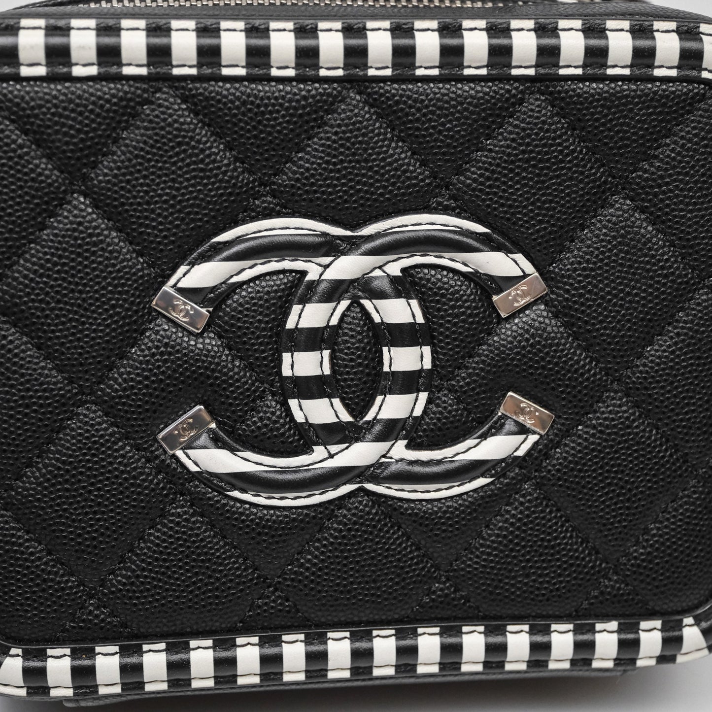 Chanel Quilted Small CC Filigree Vanity Case Black/ White Stripe Caviar Silver Hardware