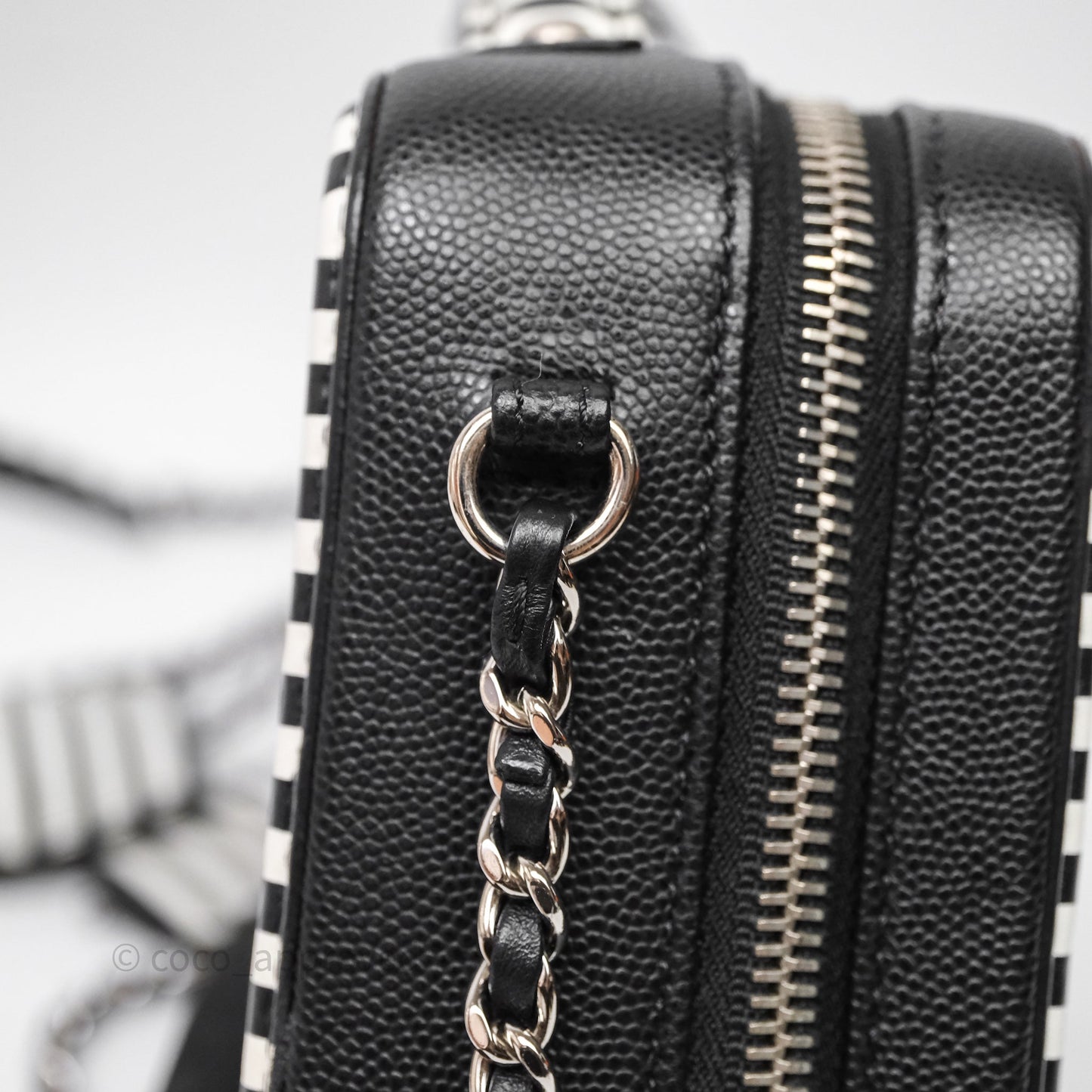 Chanel Quilted Small CC Filigree Vanity Case Black/ White Stripe Caviar Silver Hardware
