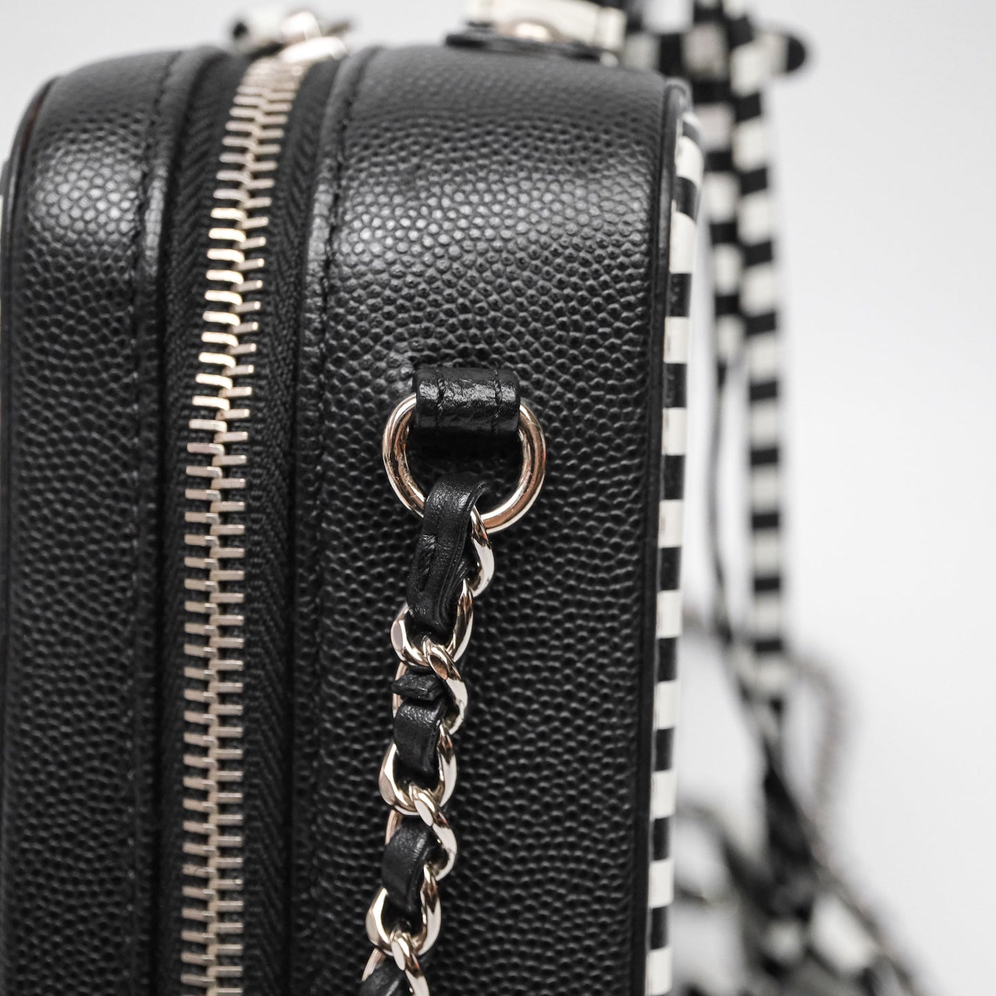 Chanel Quilted Small CC Filigree Vanity Case Black/ White Stripe Caviar Silver Hardware