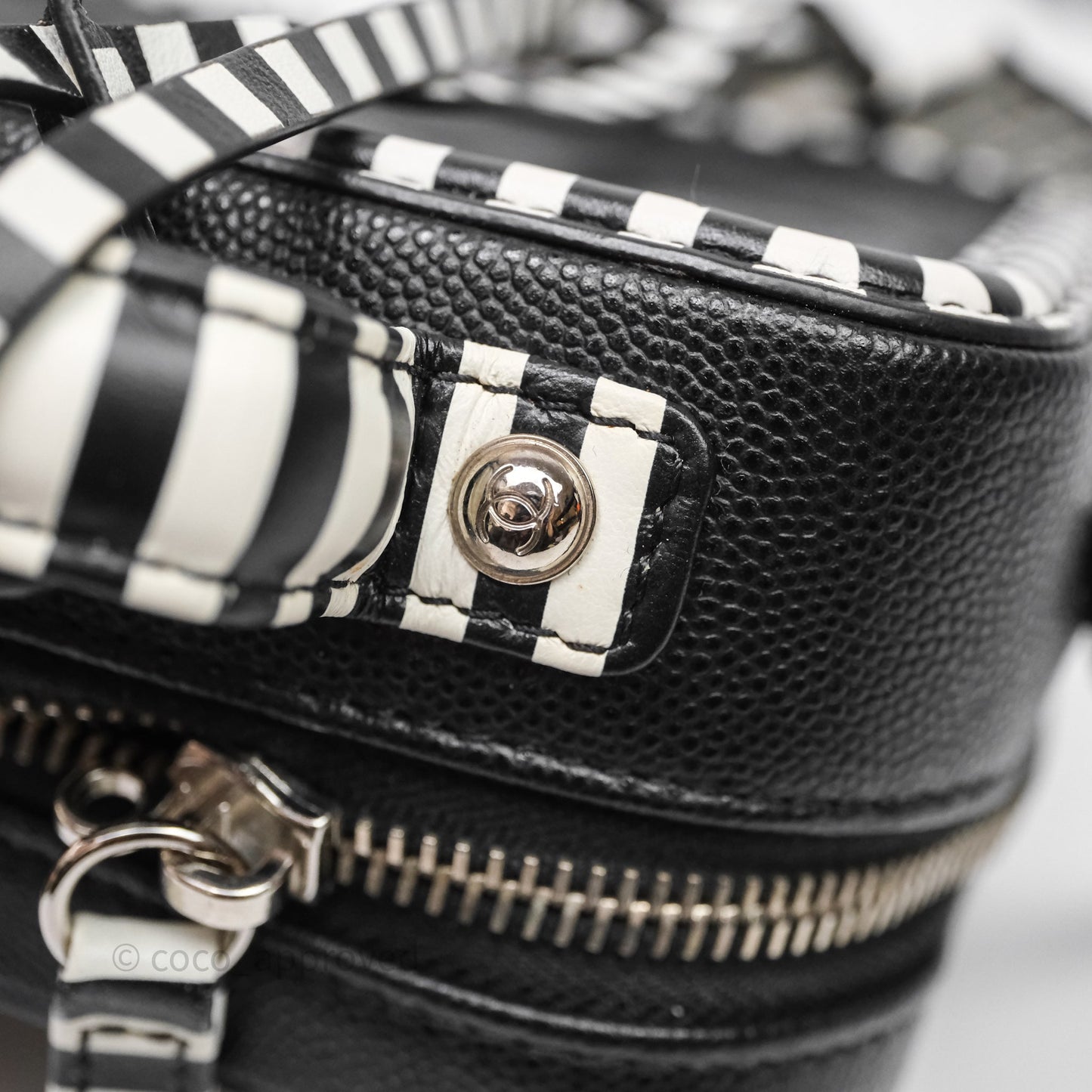 Chanel Quilted Small CC Filigree Vanity Case Black/ White Stripe Caviar Silver Hardware