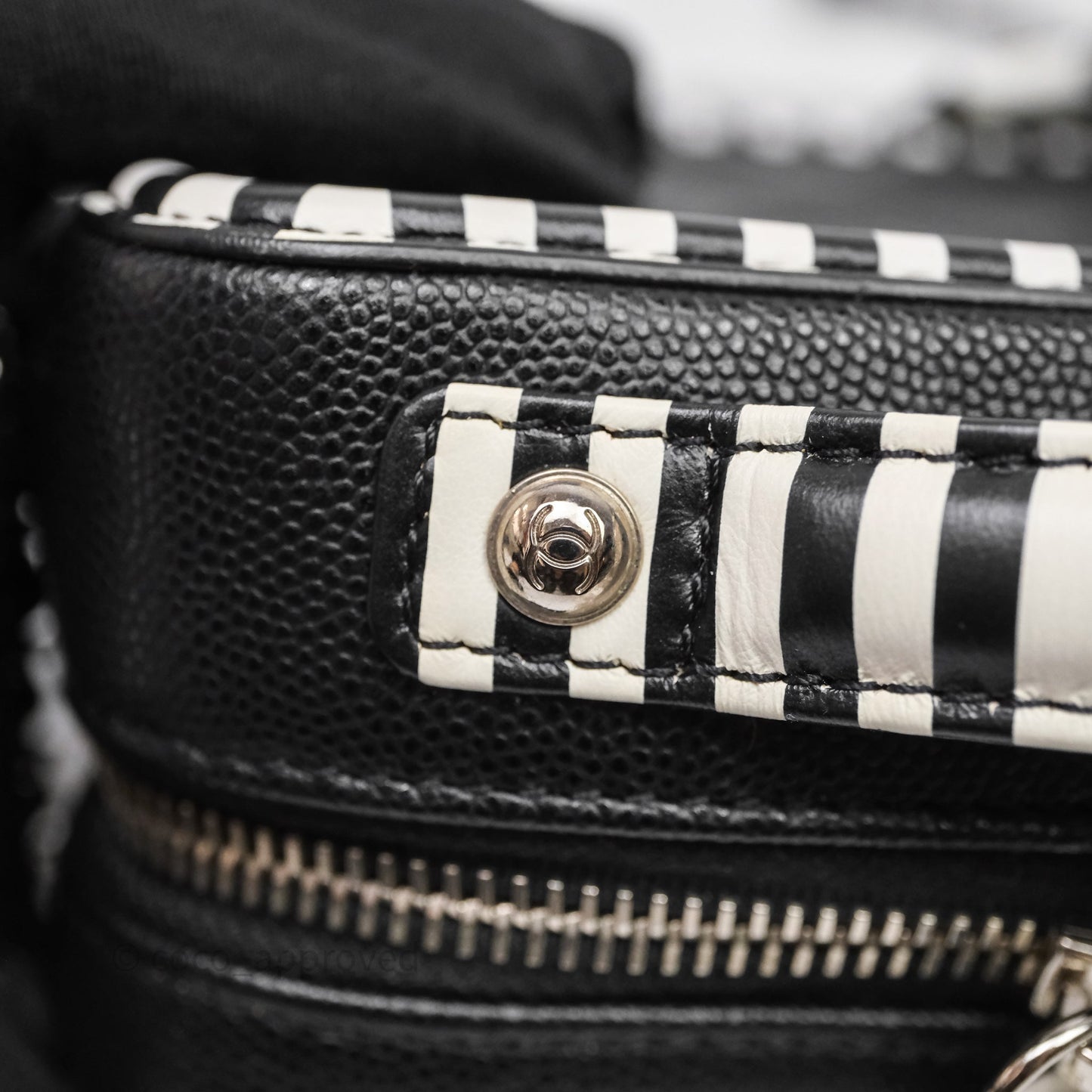Chanel Quilted Small CC Filigree Vanity Case Black/ White Stripe Caviar Silver Hardware