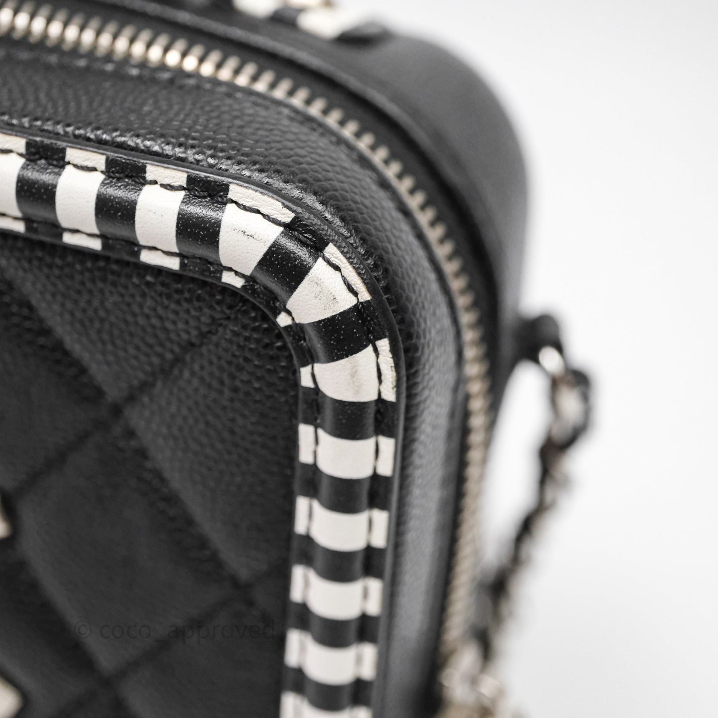 Chanel Quilted Small CC Filigree Vanity Case Black/ White Stripe Caviar Silver Hardware