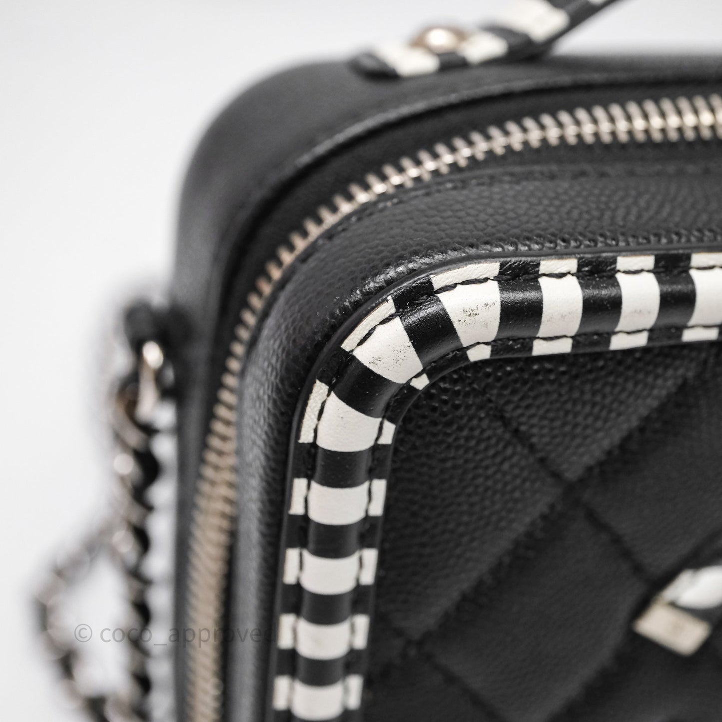Chanel Quilted Small CC Filigree Vanity Case Black/ White Stripe Caviar Silver Hardware