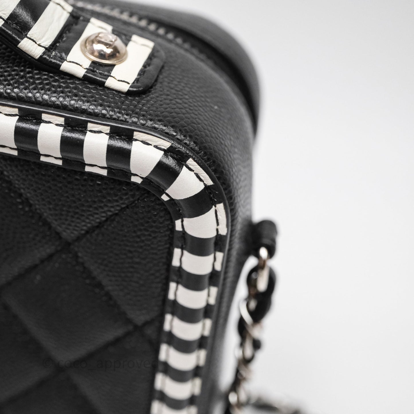 Chanel Quilted Small CC Filigree Vanity Case Black/ White Stripe Caviar Silver Hardware