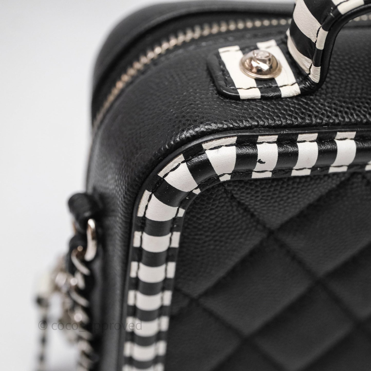 Chanel Quilted Small CC Filigree Vanity Case Black/ White Stripe Caviar Silver Hardware