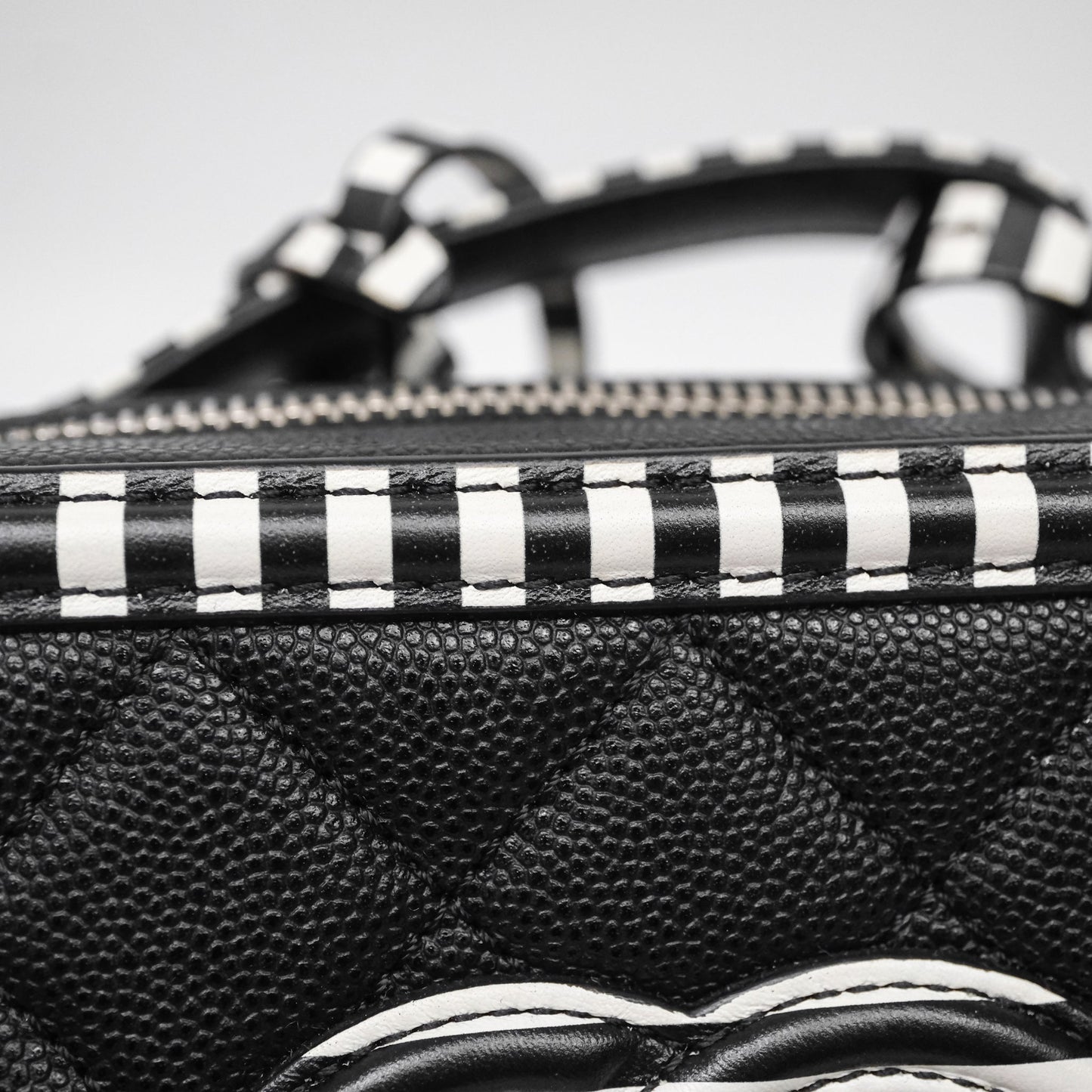 Chanel Quilted Small CC Filigree Vanity Case Black/ White Stripe Caviar Silver Hardware