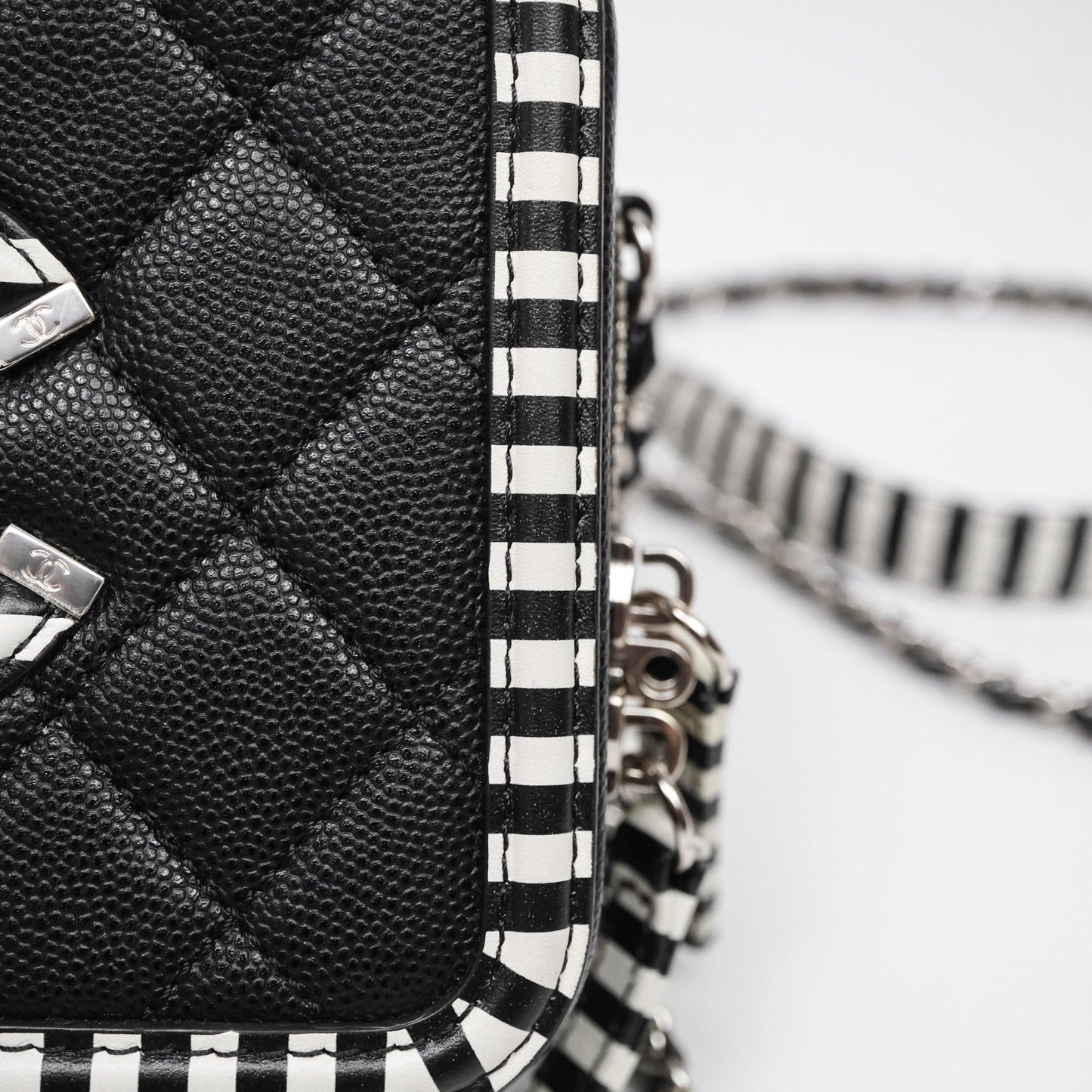 Chanel Quilted Small CC Filigree Vanity Case Black/ White Stripe Caviar Silver Hardware