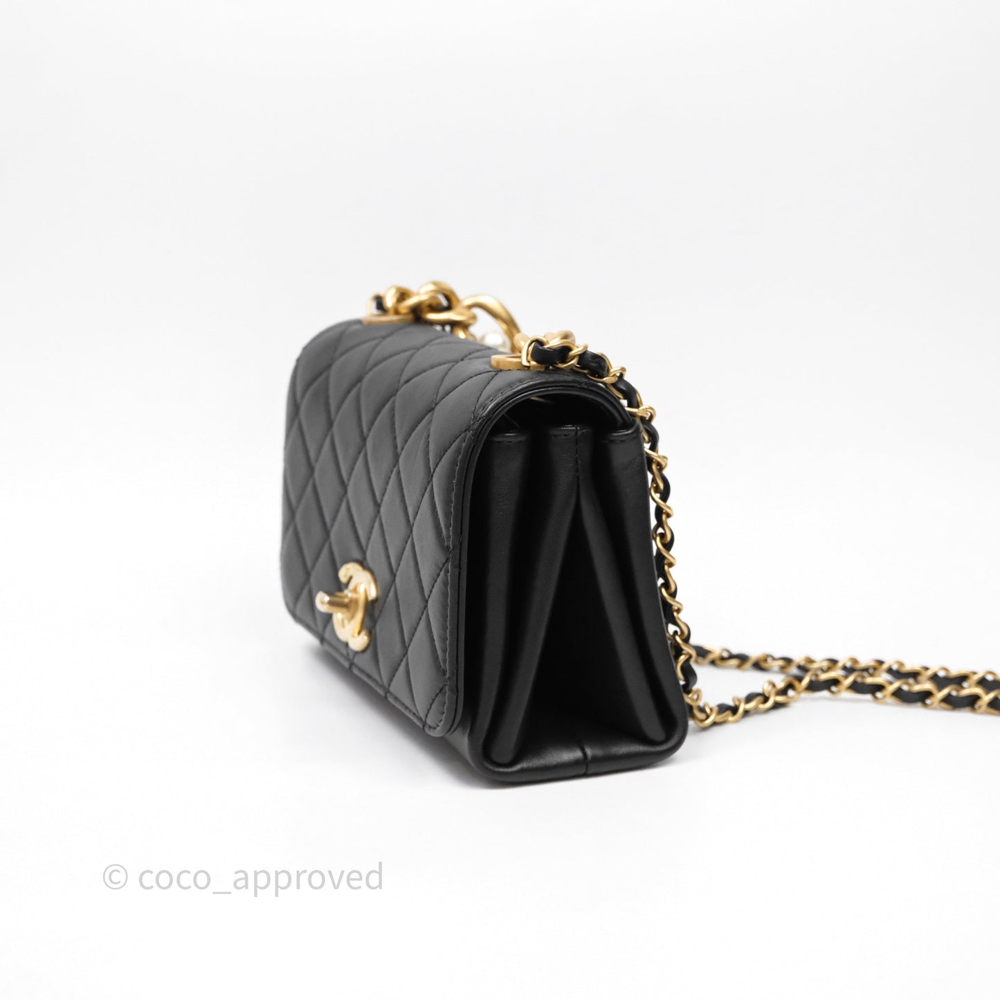Chanel Pearl Chain Bag Black Calfskin Aged Gold Hardware