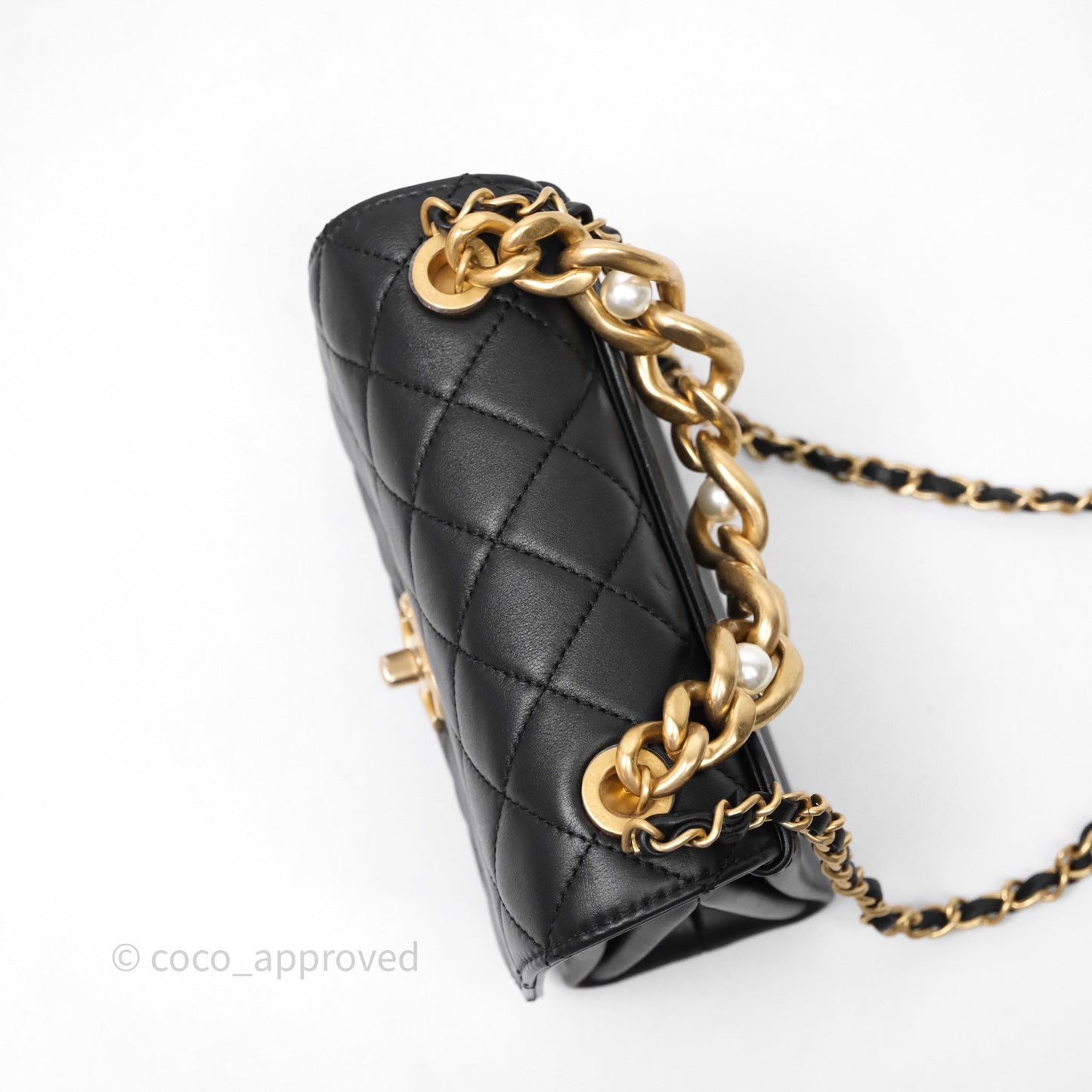 Chanel Pearl Chain Bag Black Calfskin Aged Gold Hardware
