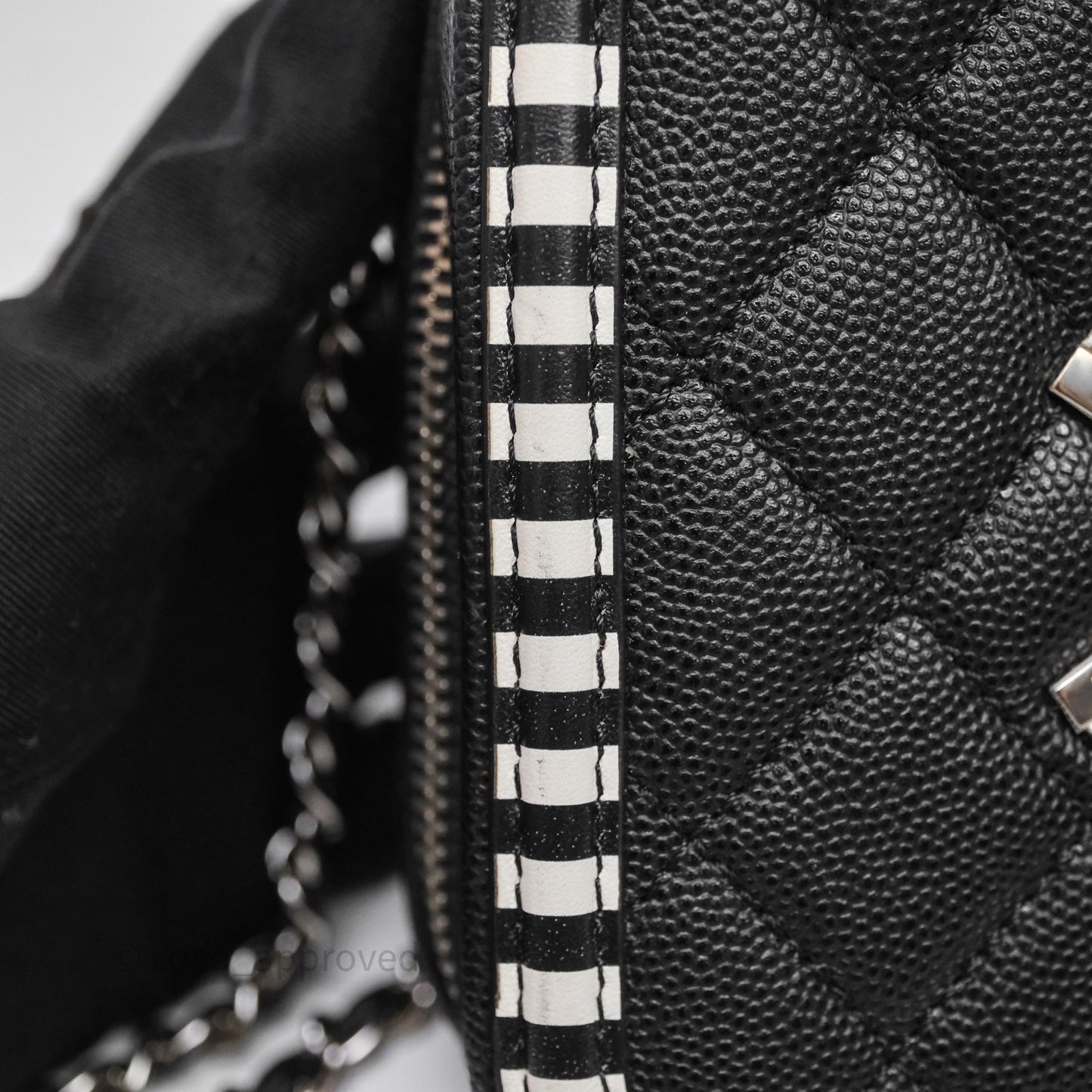 Chanel Quilted Small CC Filigree Vanity Case Black/ White Stripe Caviar Silver Hardware