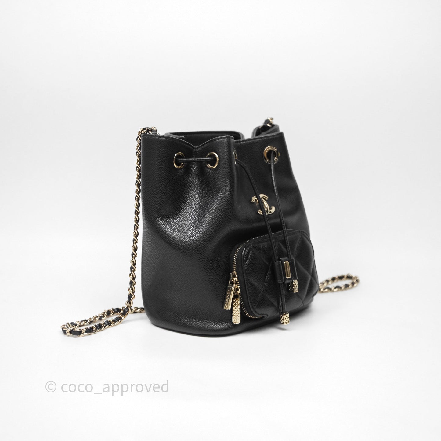 Chanel Caviar Quilted CC Pocket Bucket Bag Black Gold Hardware
