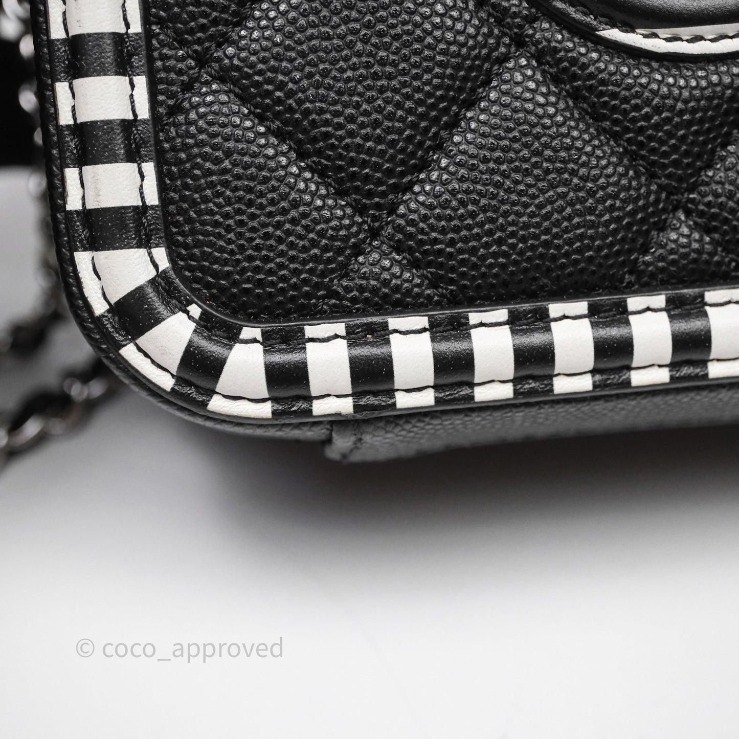 Chanel Quilted Small CC Filigree Vanity Case Black/ White Stripe Caviar Silver Hardware