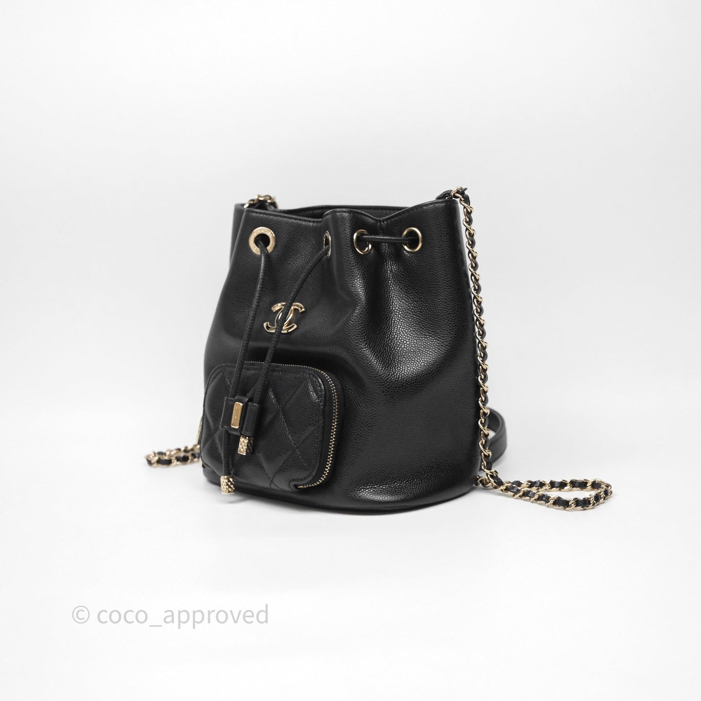 Chanel Caviar Quilted CC Pocket Bucket Bag Black Gold Hardware