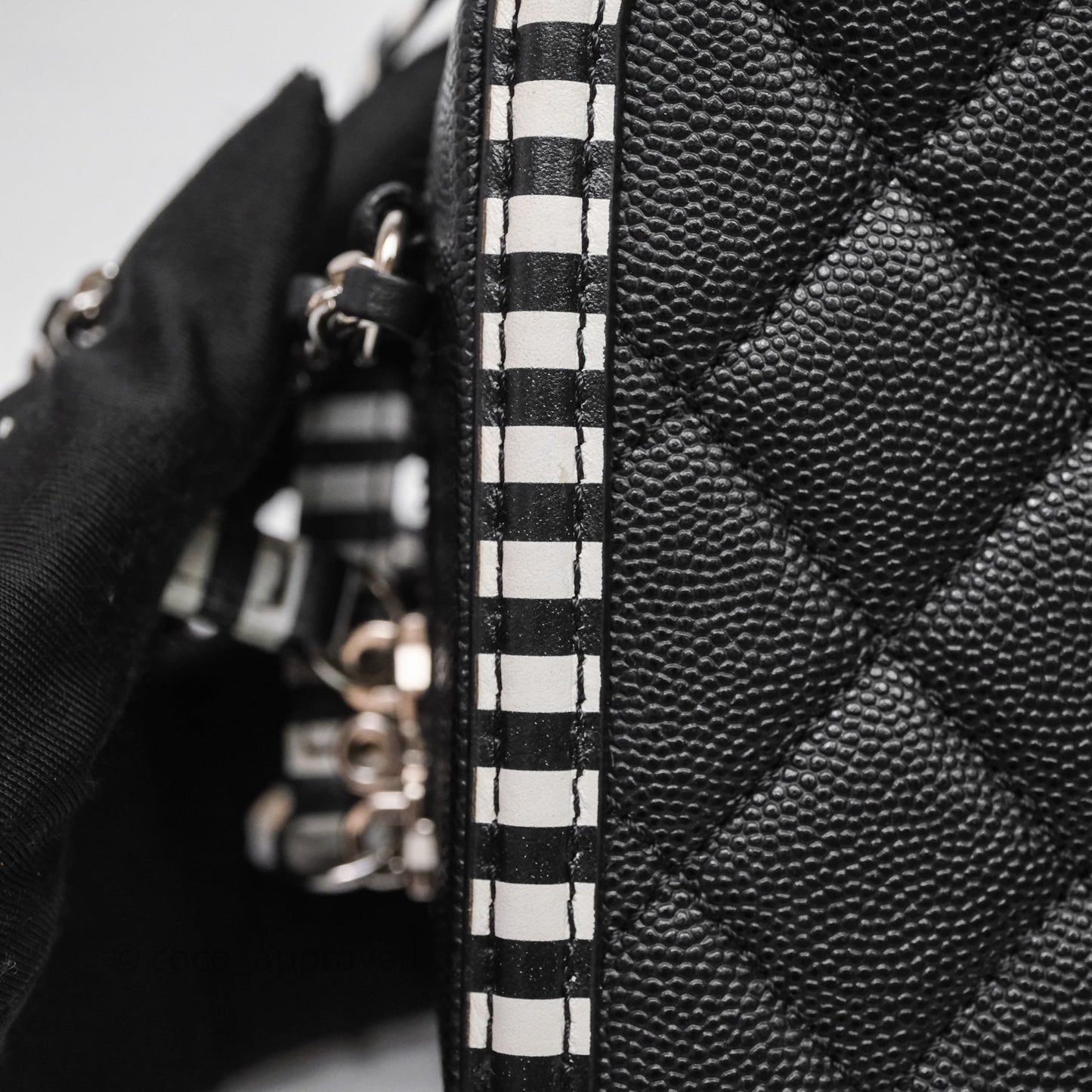 Chanel Quilted Small CC Filigree Vanity Case Black/ White Stripe Caviar Silver Hardware