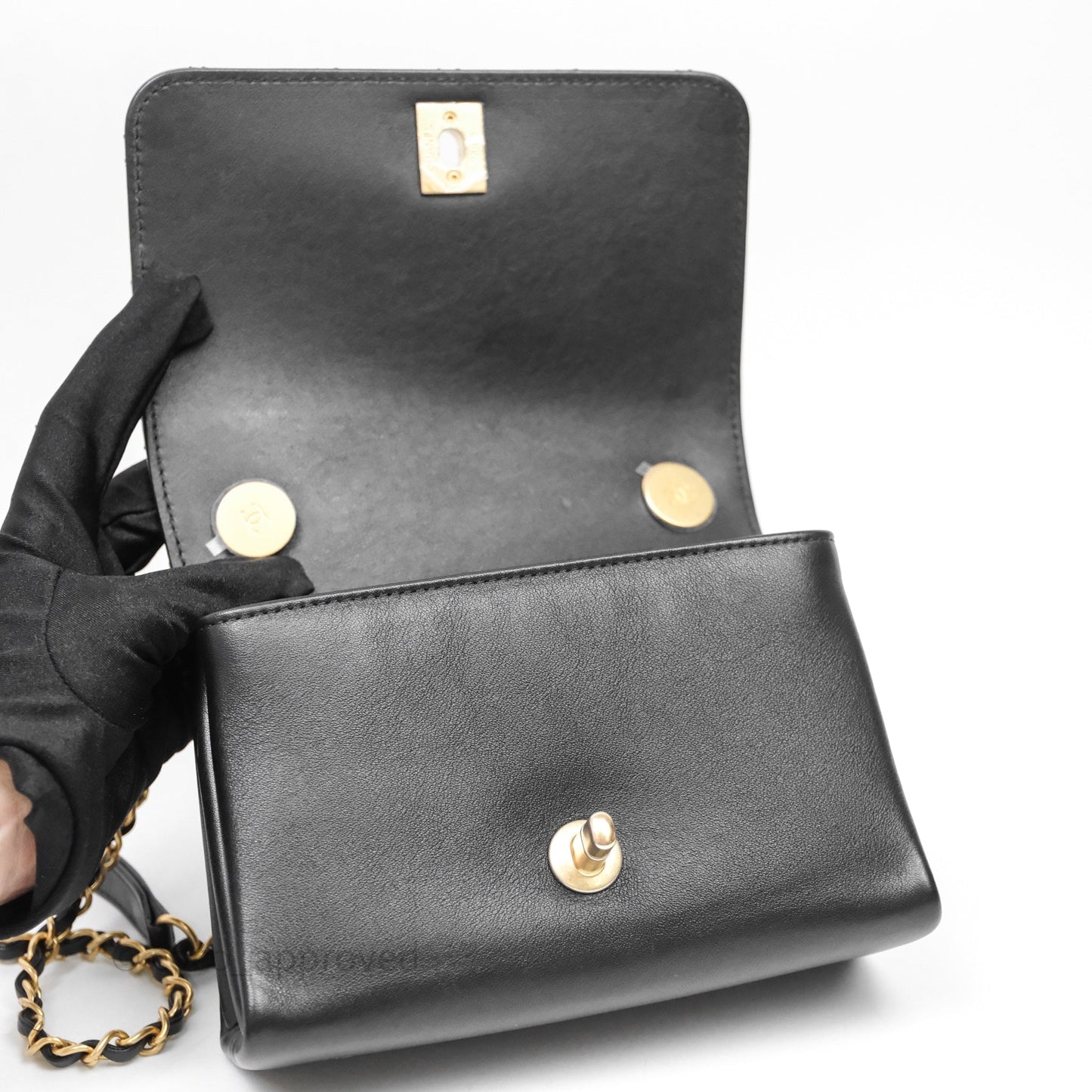 Chanel Pearl Chain Bag Black Calfskin Aged Gold Hardware