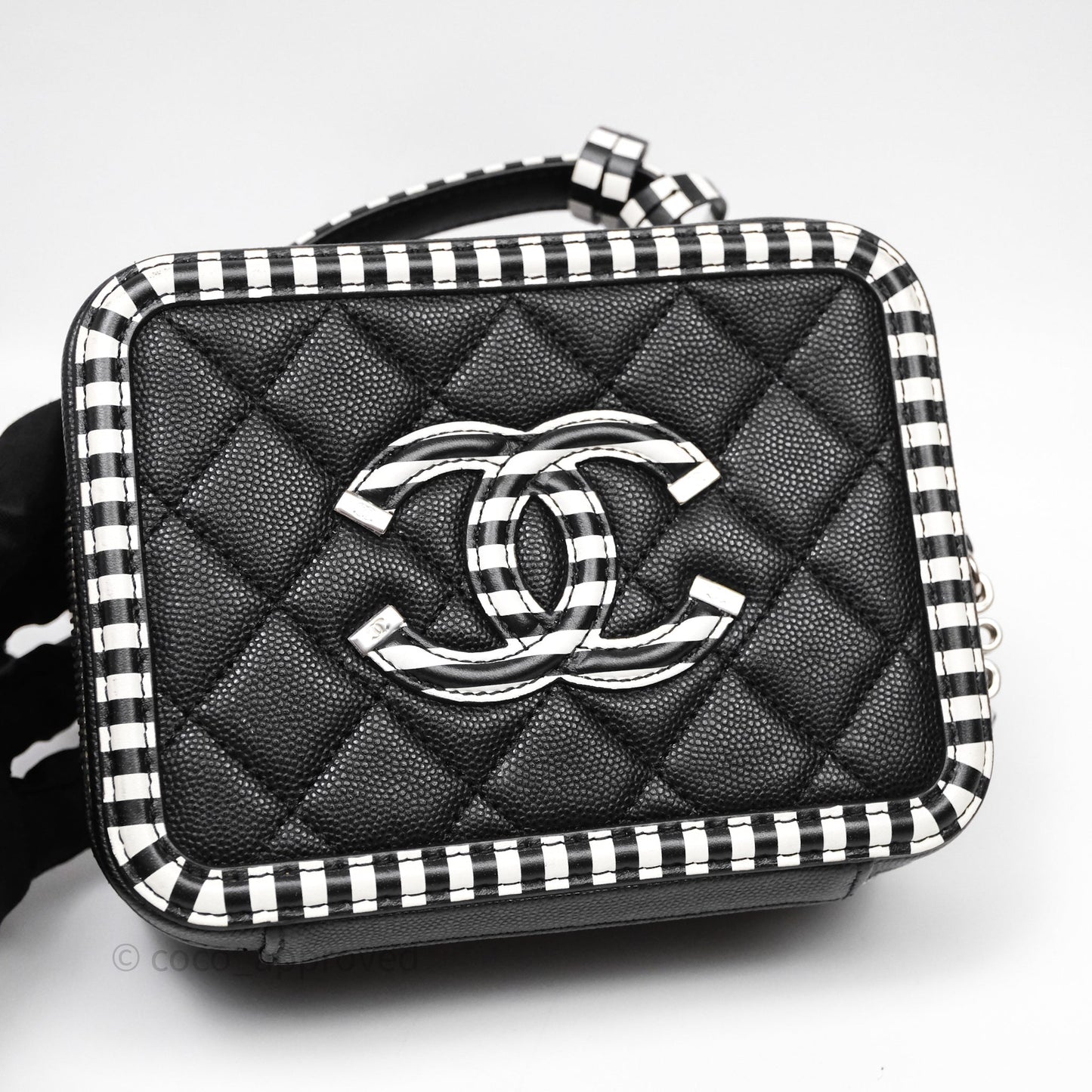 Chanel Quilted Small CC Filigree Vanity Case Black/ White Stripe Caviar Silver Hardware