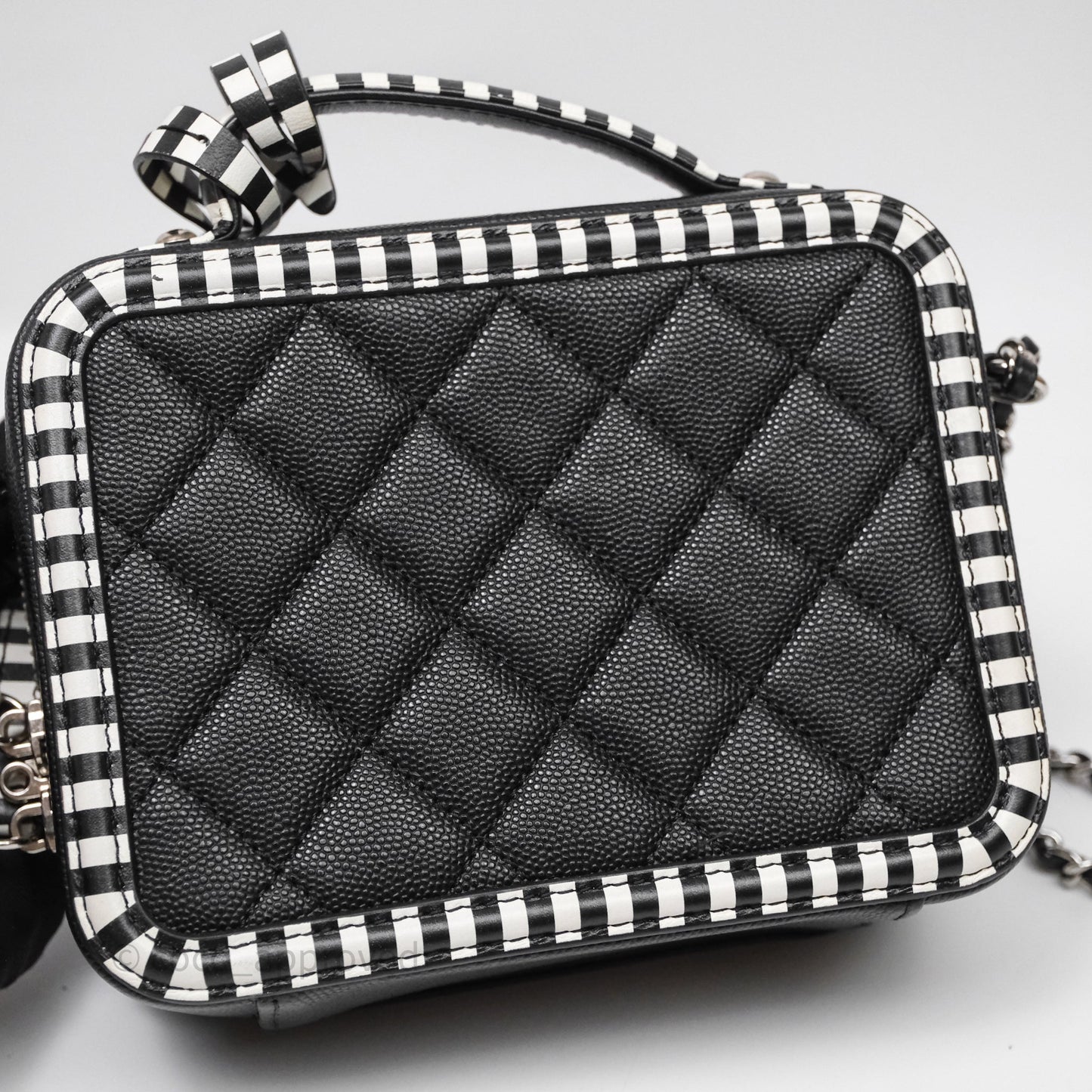 Chanel Quilted Small CC Filigree Vanity Case Black/ White Stripe Caviar Silver Hardware
