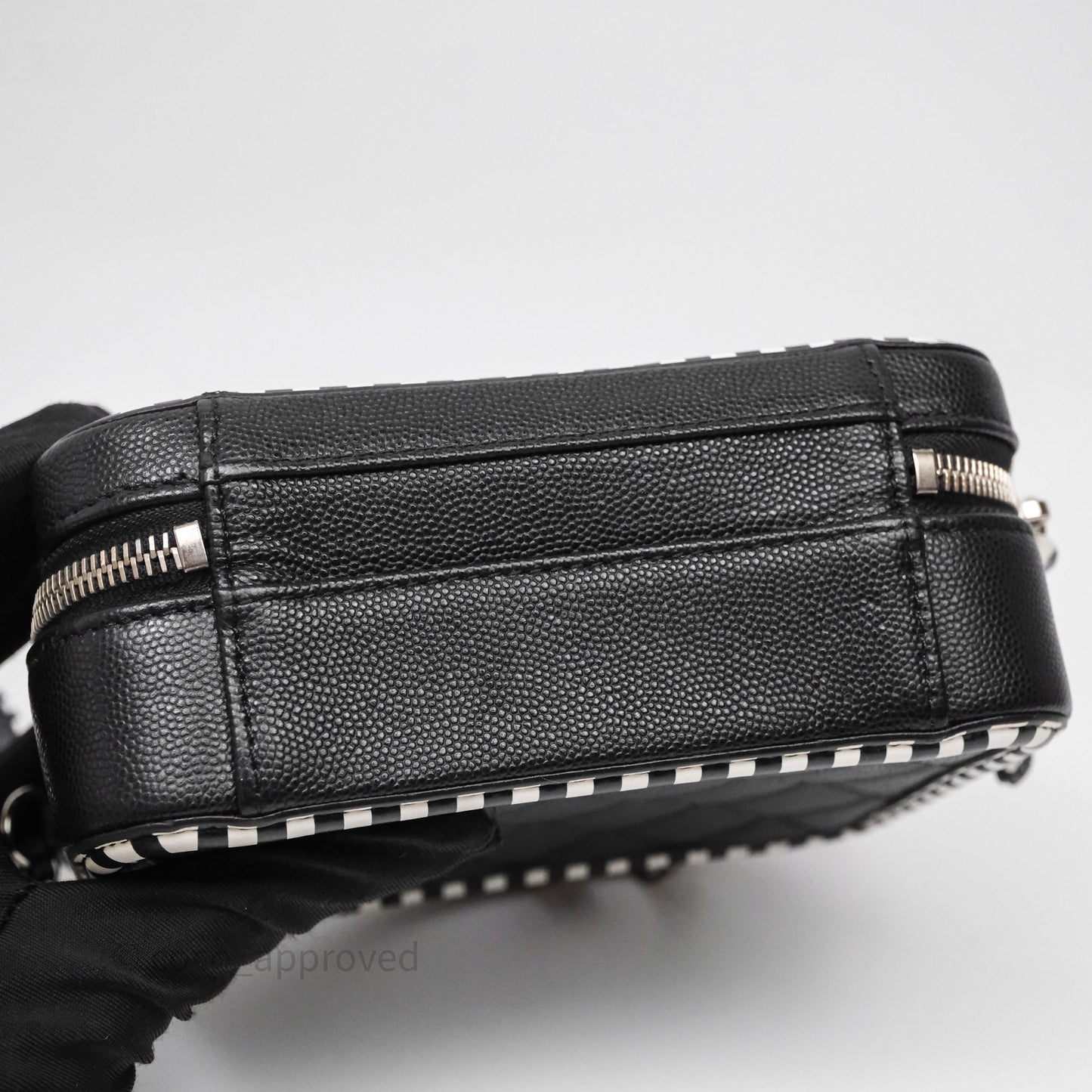 Chanel Quilted Small CC Filigree Vanity Case Black/ White Stripe Caviar Silver Hardware