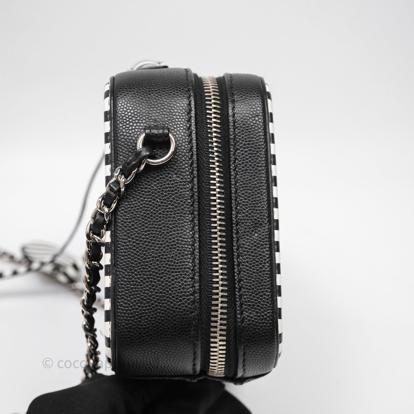 Chanel Quilted Small CC Filigree Vanity Case Black/ White Stripe Caviar Silver Hardware